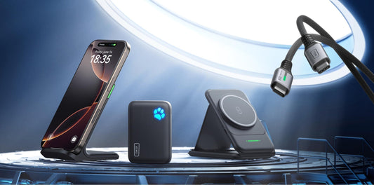 smartphone on wireless charger with power bank and cable
