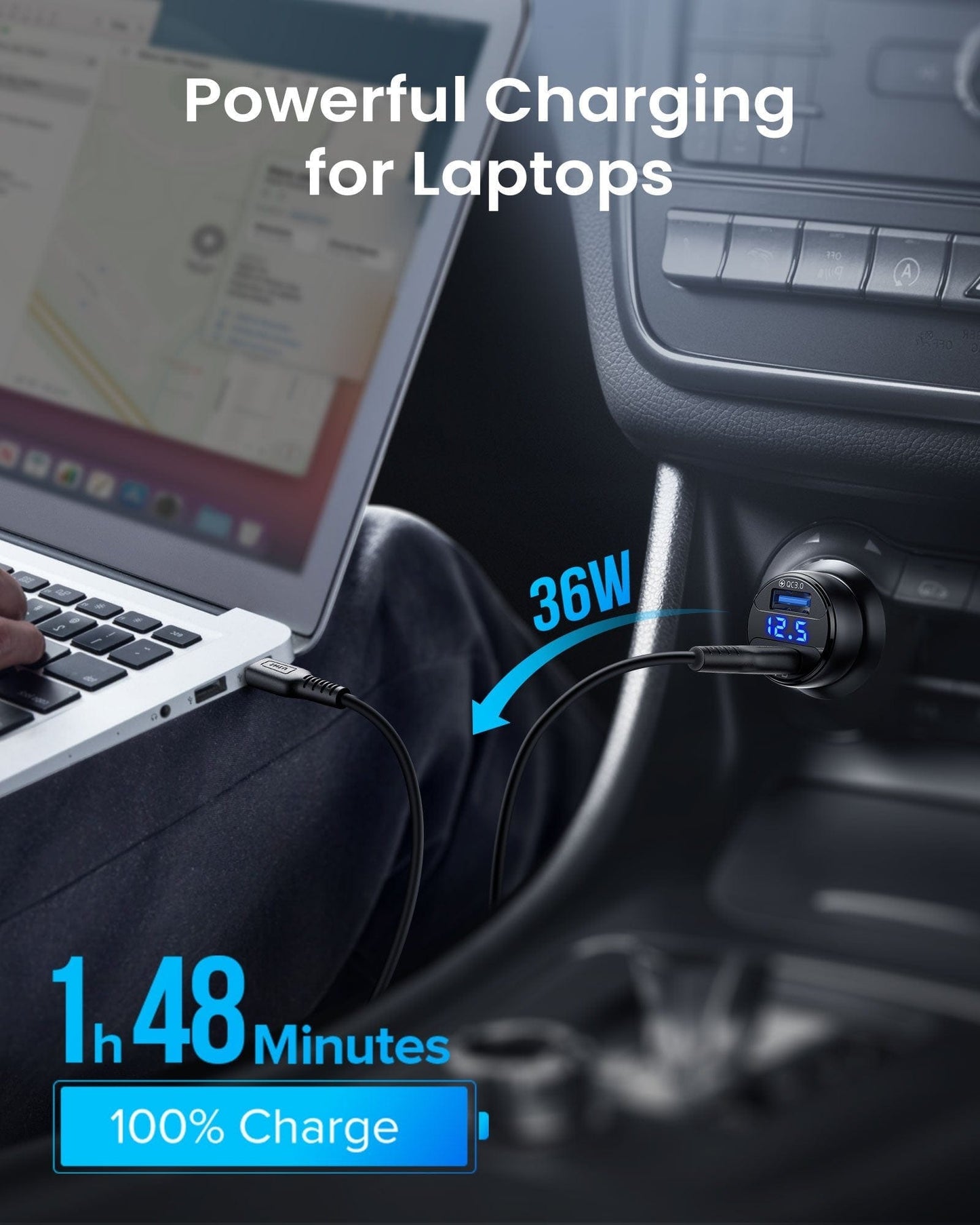 INIU I711 Car Charger charging laptop, 36W output, fast charging in 1h48min for 100% charge.