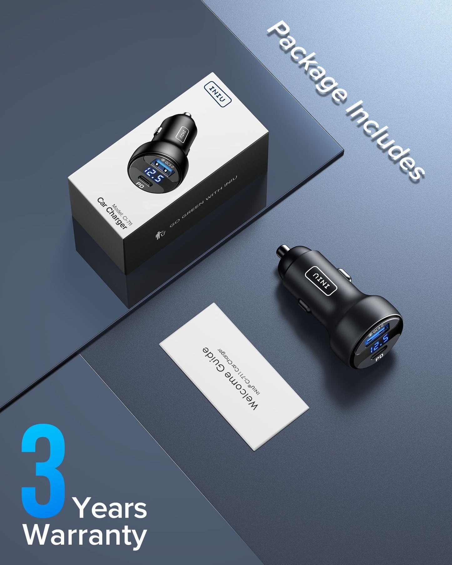 INIU I711 Car Charger Package: Car charger, welcome guide, and 3-year warranty, fast charging.