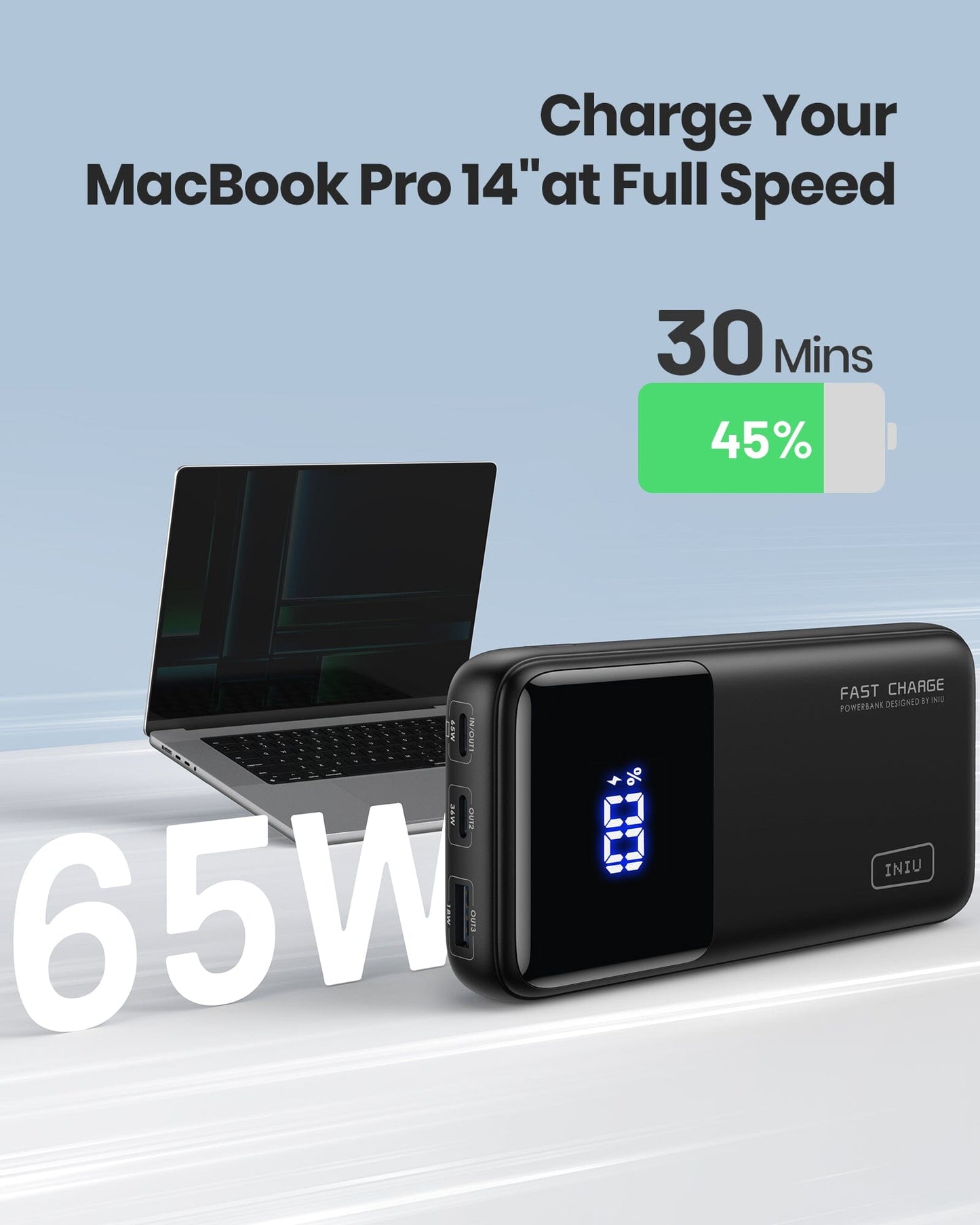 INIU B62 Power Bank fast charging MacBook Pro 14", 65W fast charge, digital display, black