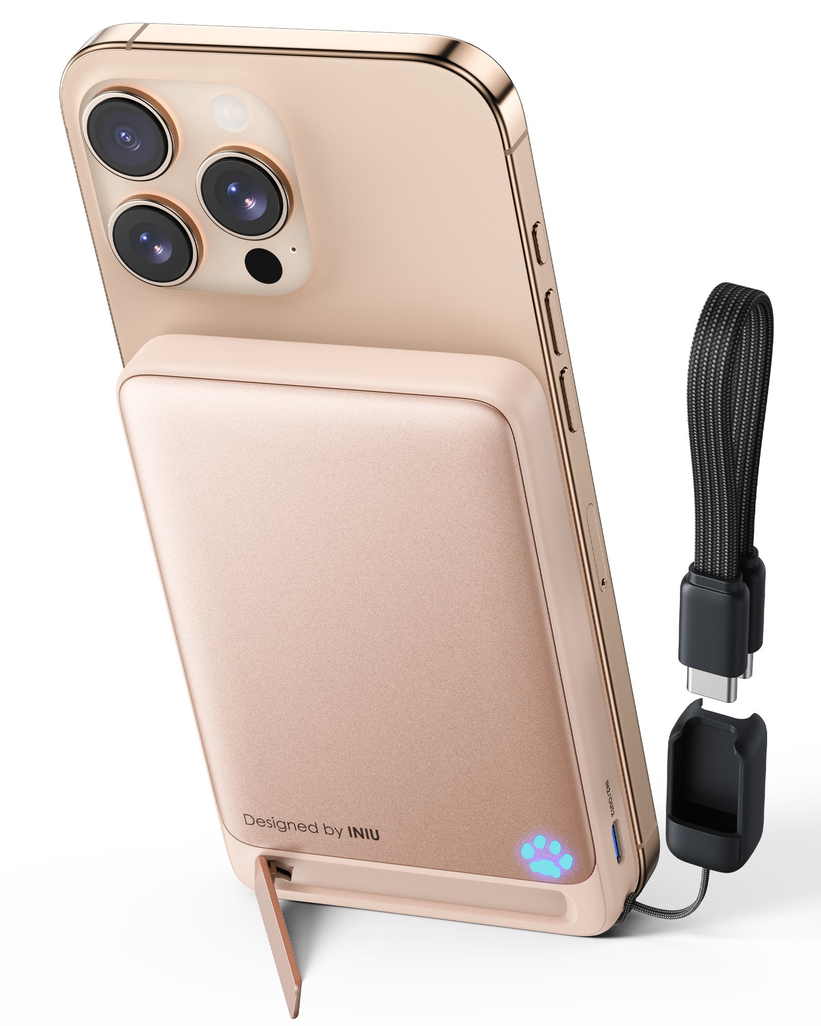 Rose gold INIU SnapGo P73-E1 magnetic charger with kickstand, providing fast 15W Qi2 charging for iPhone 17 and other devices.
