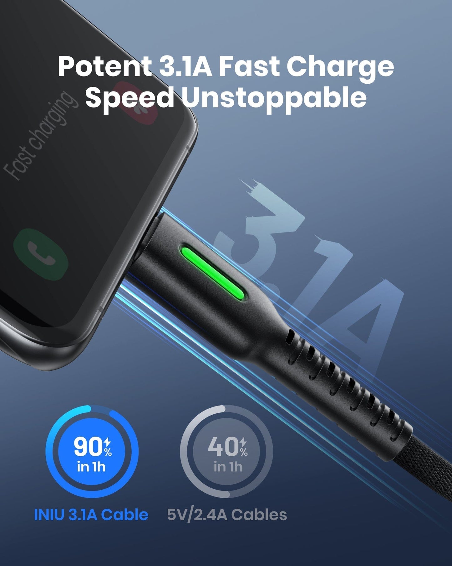 INIU D3C USB-C Cable: Fast 3.1A charging, black braided cable with LED, phone charging