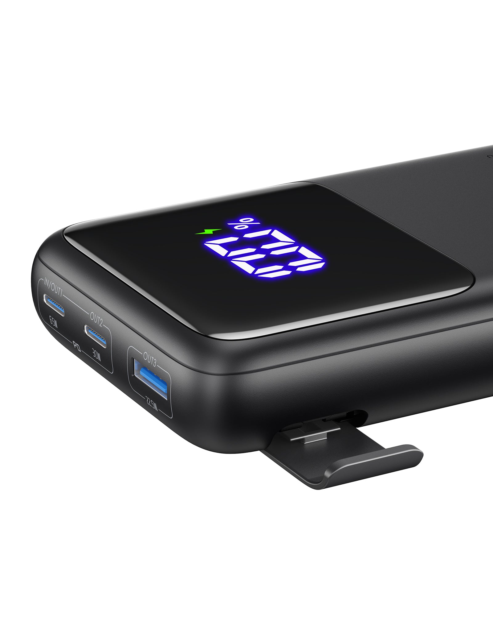 INIU B63 100W Power Bank: Black with digital display showing charge percentage and IN/OUT ports for fast charging.