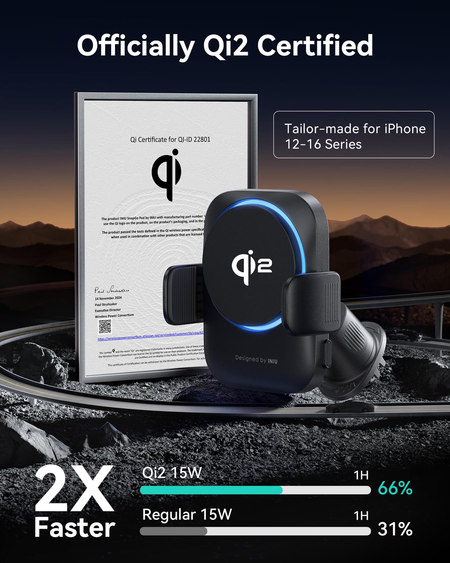 Official Qi2 certification for INIU SnapGo car charger, providing 15W fast charging for iPhone series up to the new iPhone 17.