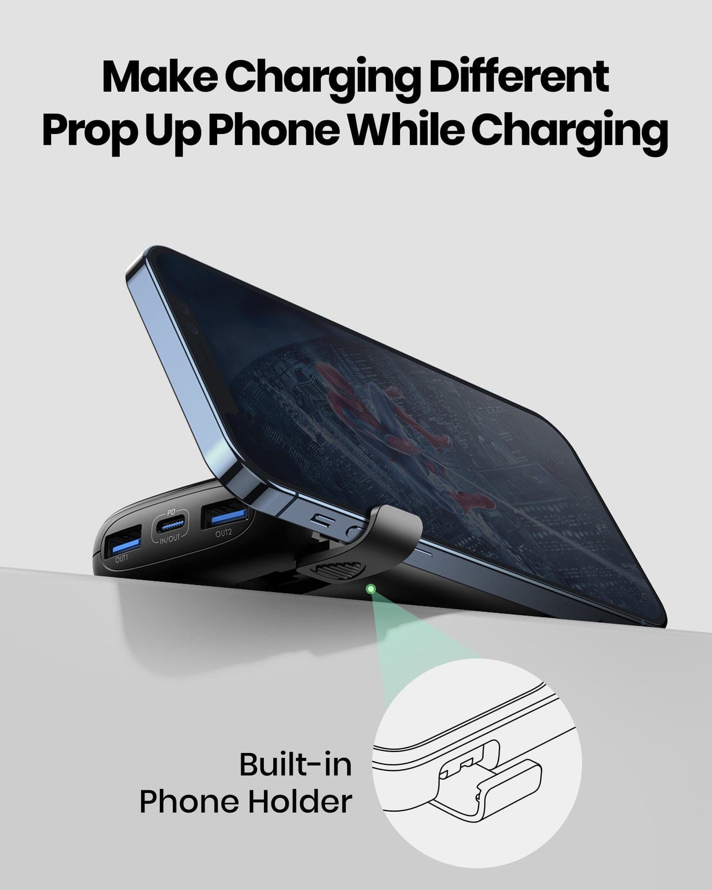 INIU B61 power bank with built-in phone holder, charging an iPhone. Fast charging and convenient design.