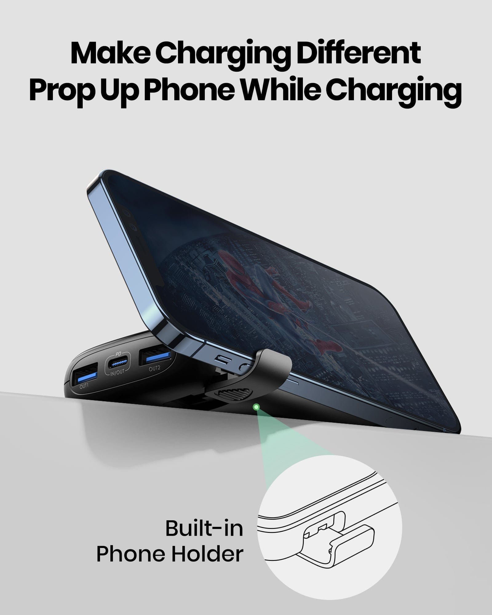 INIU B61 power bank with built-in phone holder, charging an iPhone. Fast charging and convenient design.