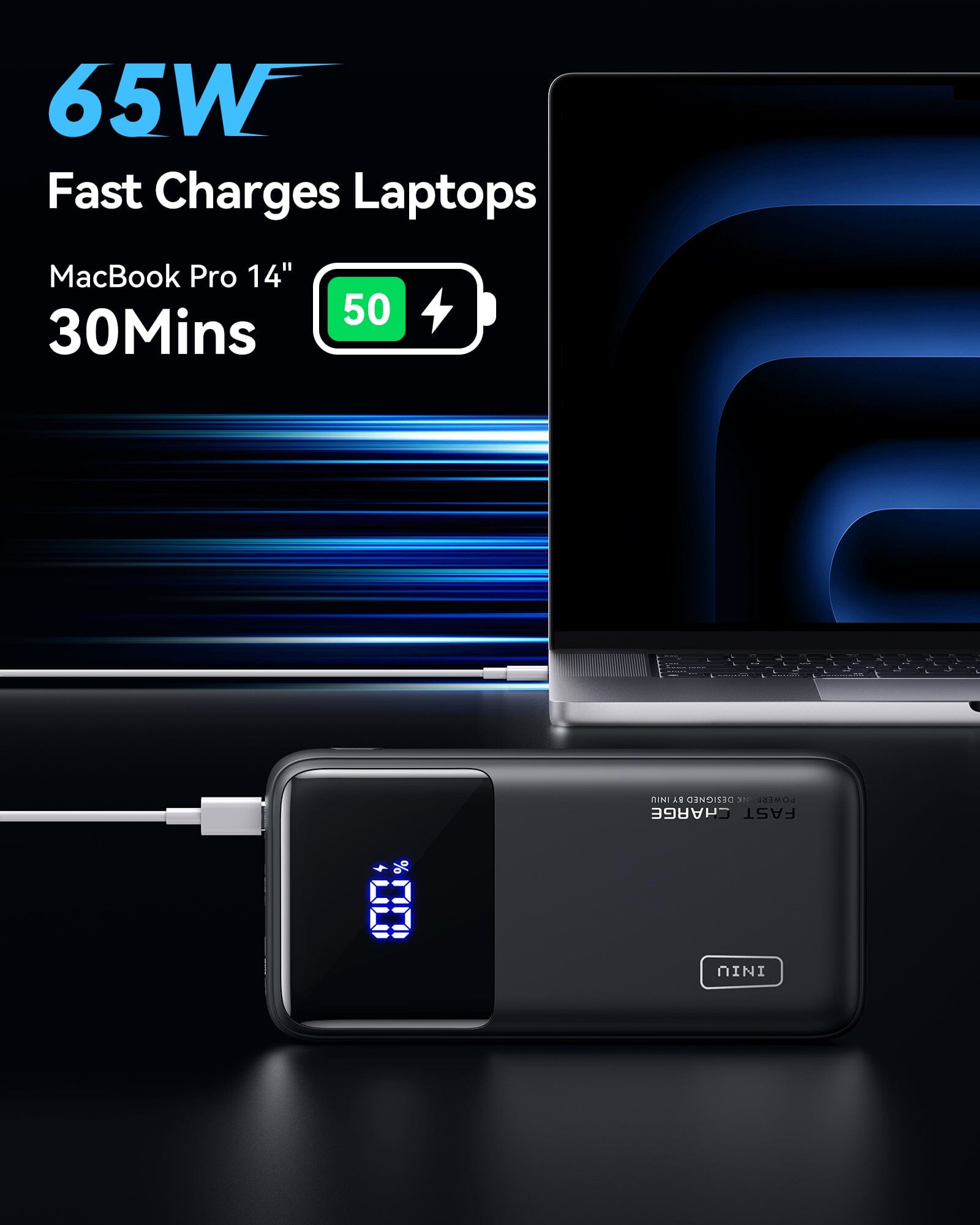 INIU B62 Power Bank fast charging MacBook Pro 14 inch, 65W, charges in 30 minutes, black portable charger with LED display.
