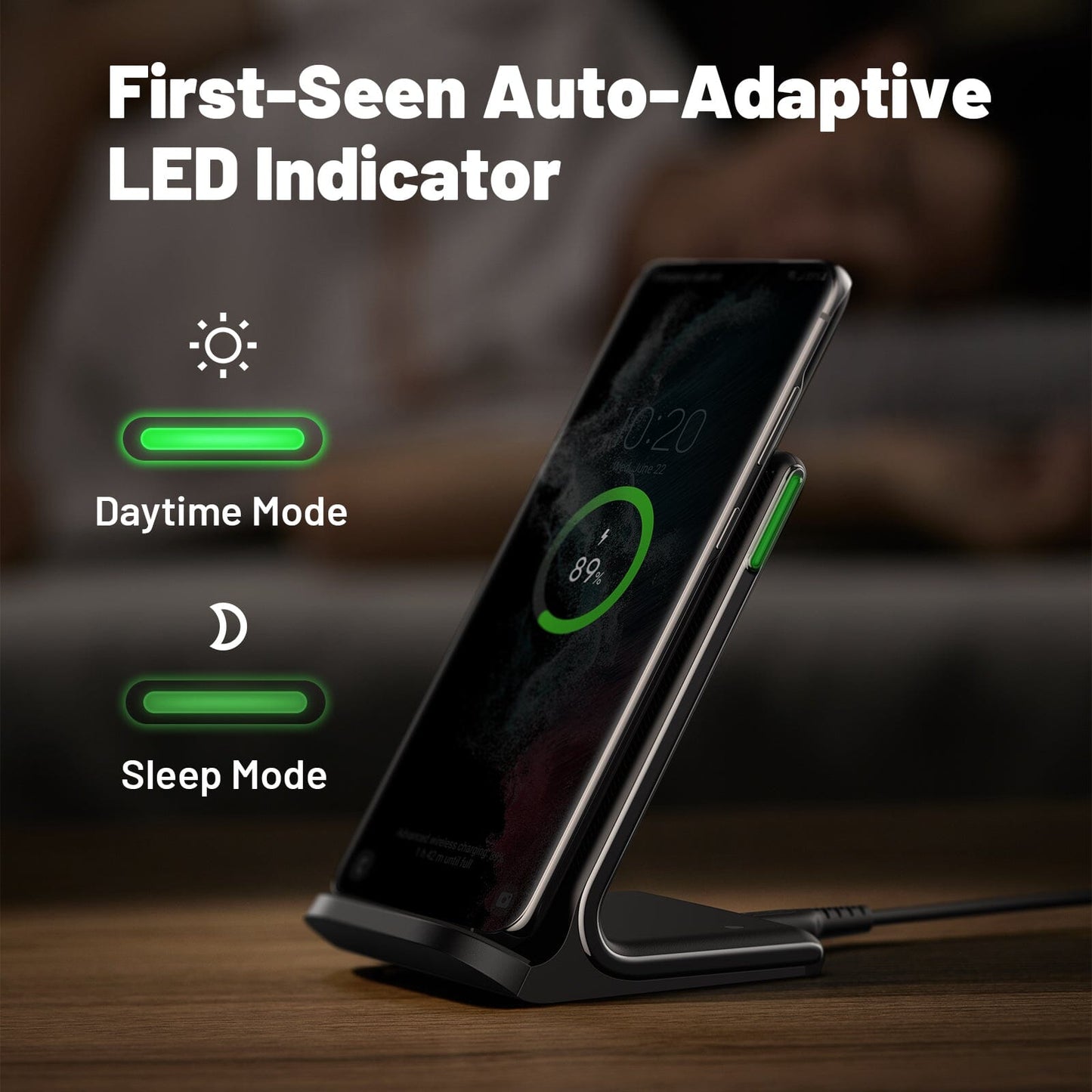 INIU I211 15W Qi-zertifiziertes kabelloses Ladegerät mit schlaffreundlichem adaptivem Licht
