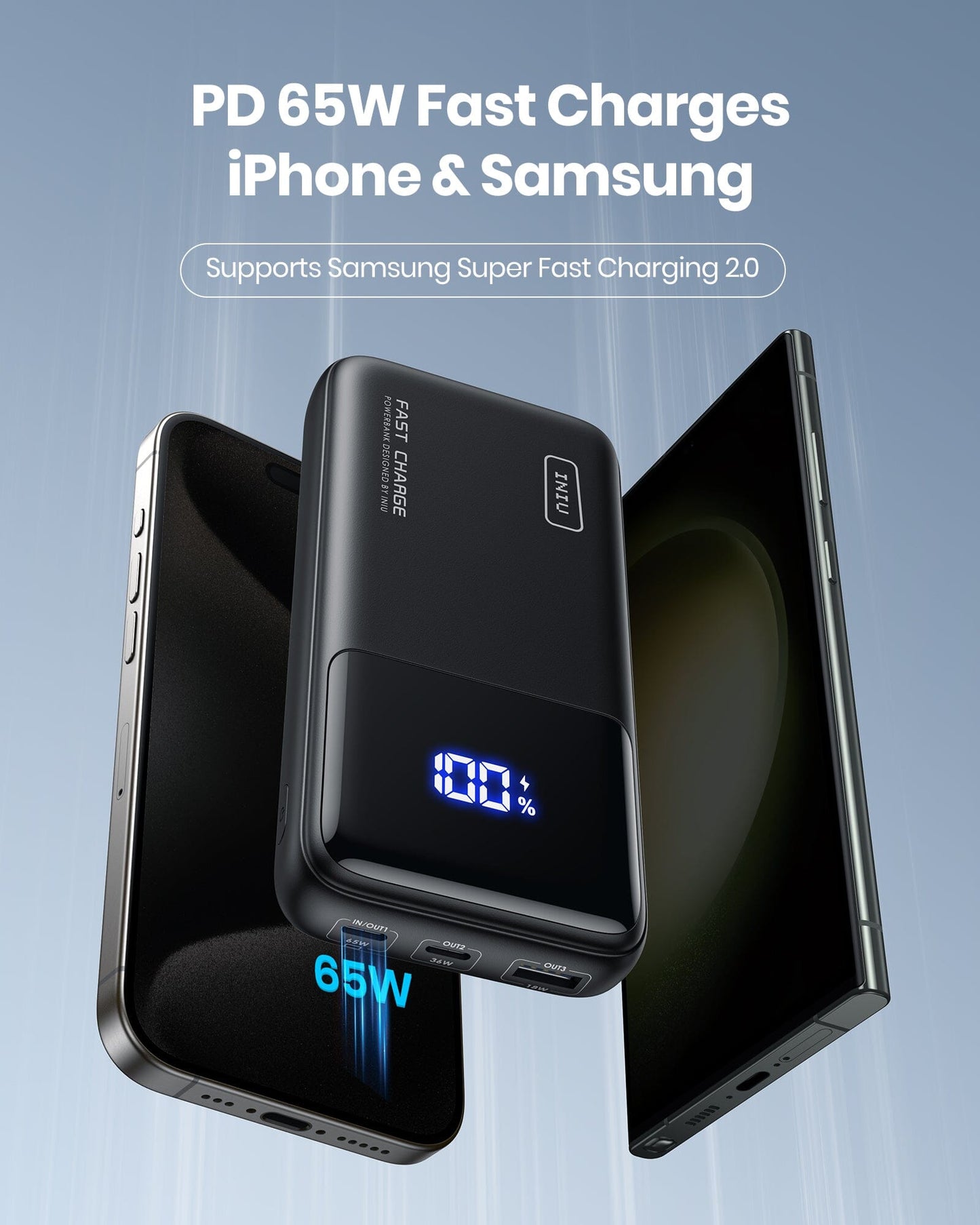 INIU B62 Power Bank, black with digital display, fast charging iPhone & Samsung.