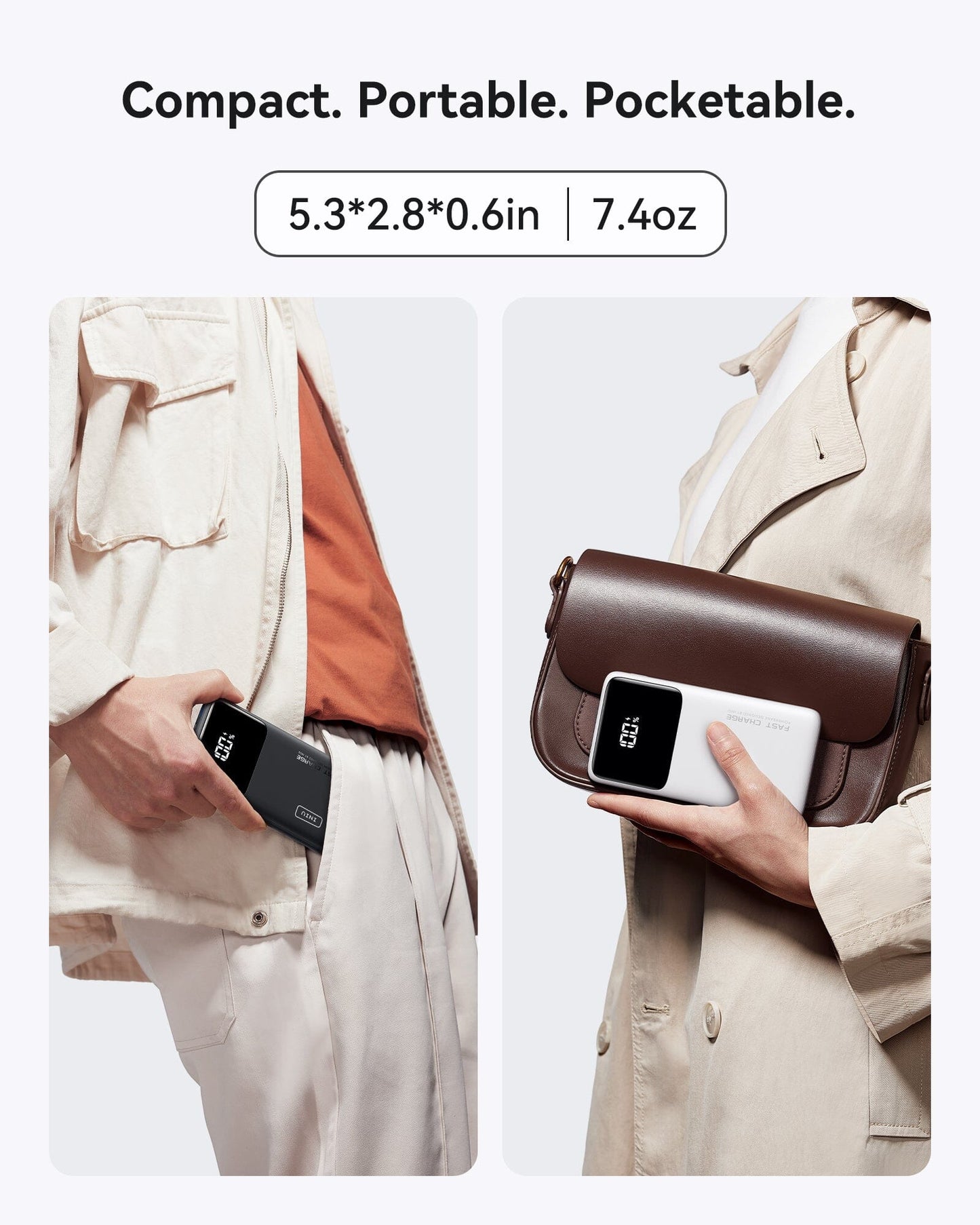INIU B6 Power Bank - Pocketable 10,000mAh portable charger shown in pocket and hand, fast charging with a digital display.