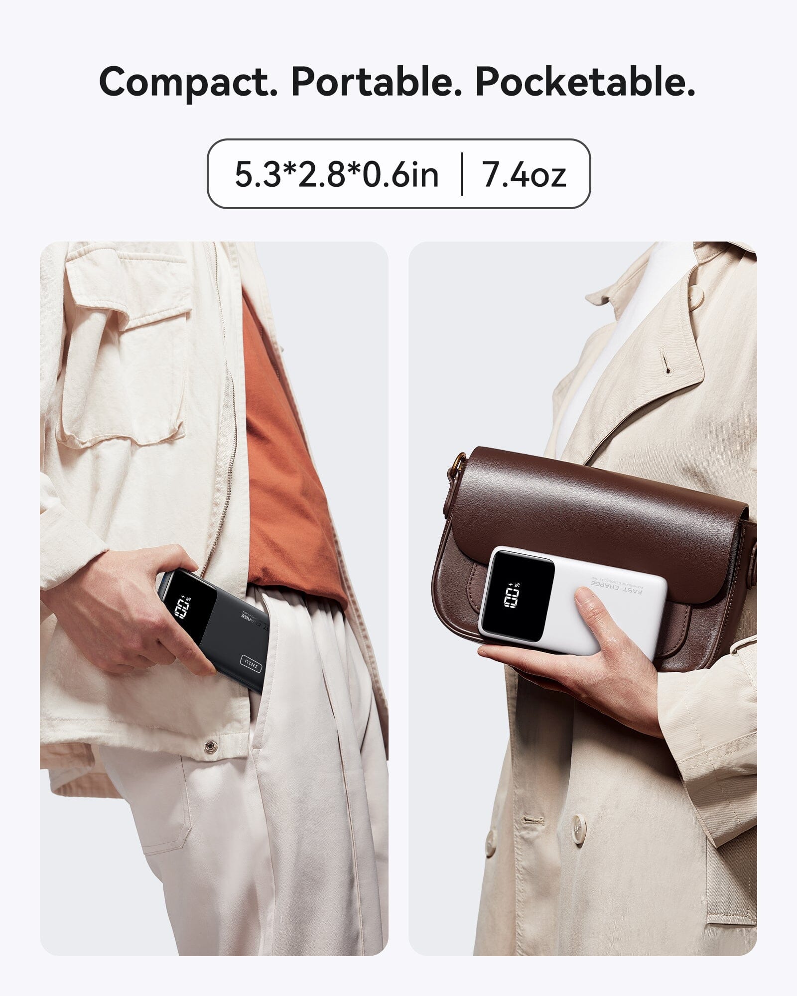 INIU B6 Power Bank - Pocketable 10,000mAh portable charger shown in pocket and hand, fast charging with a digital display.