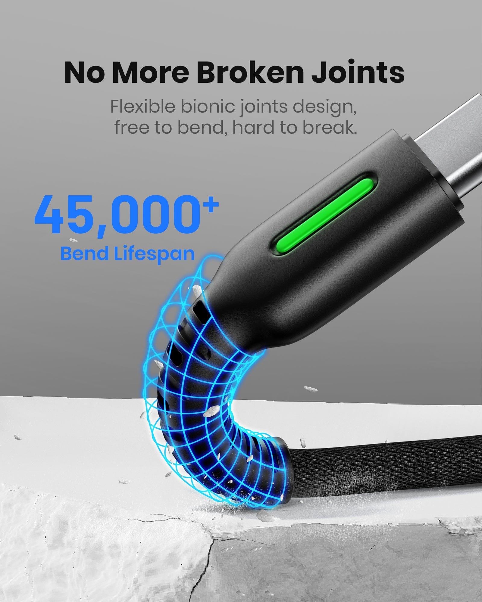 INIU D3C USB C Cable: Black braided cable with 45,000+ bend lifespan, flexible bionic joint, and green LED indicator.