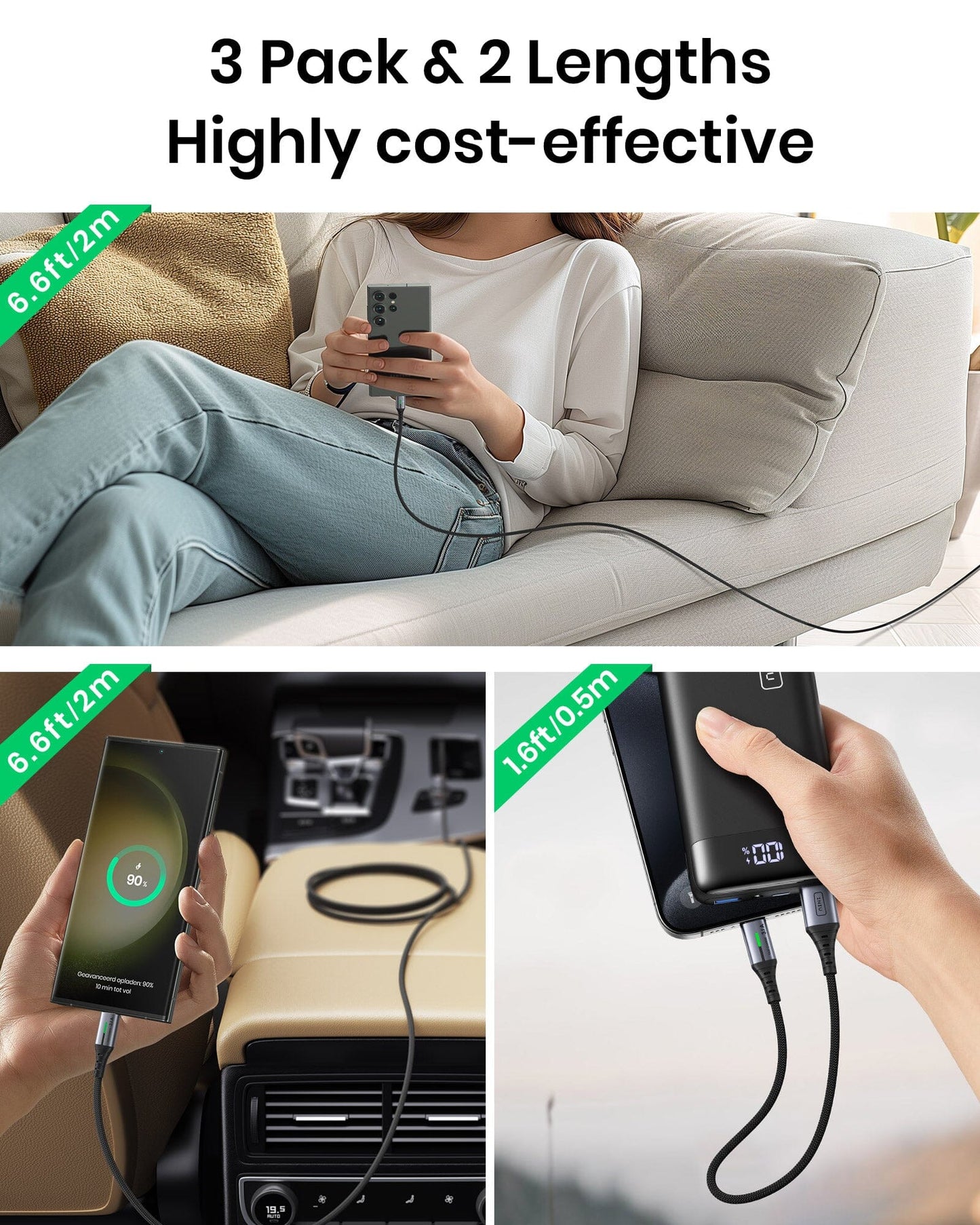 Black Friday deals: INIU 3-pack USB-C cables charging phones on sofa, in car, and from power bank. Tech gifts for men.