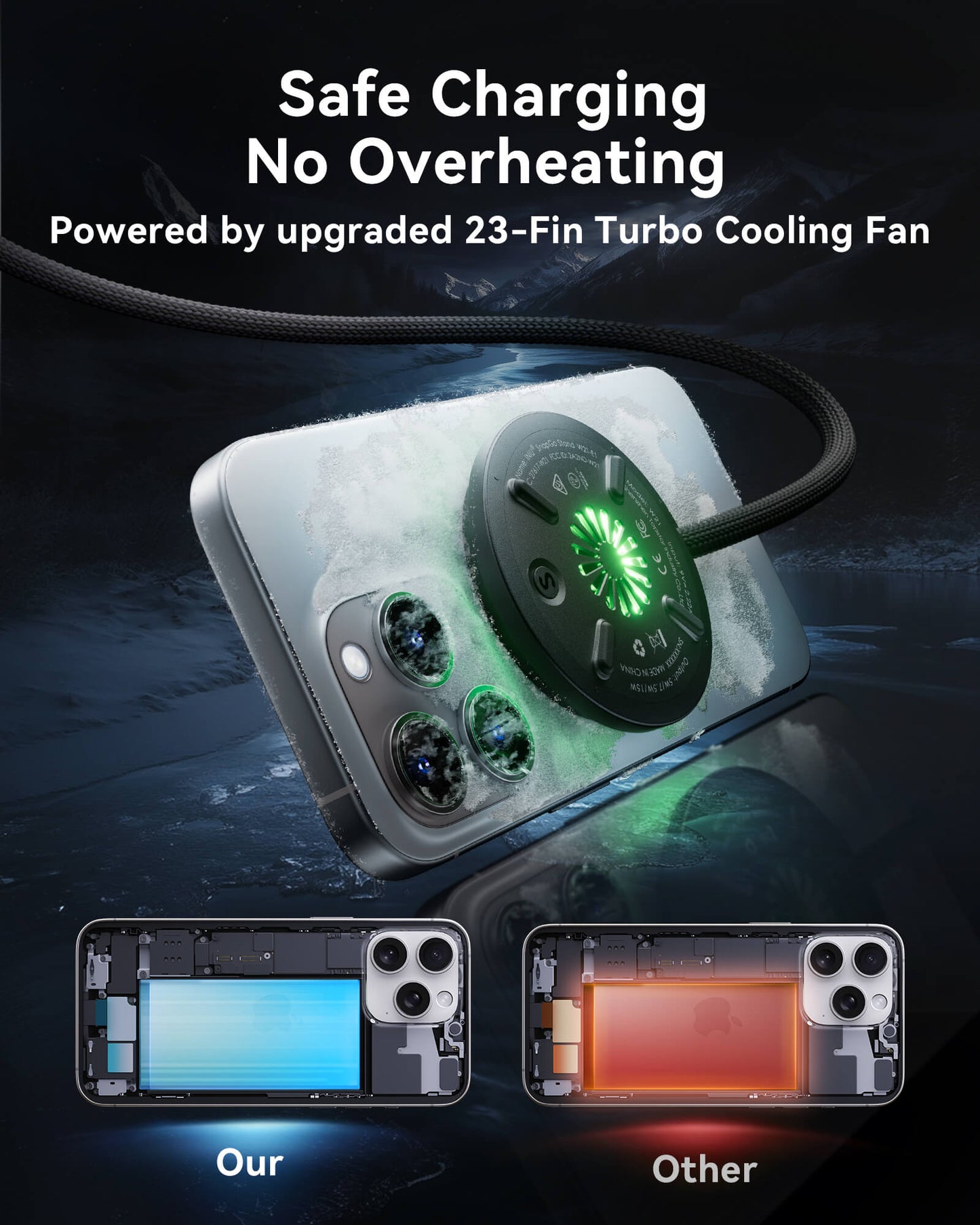 INIU W11-E1: Wireless charger with 23-Fin Cooling Fan, preventing iPhone overheating. Fast, safe charging solution.