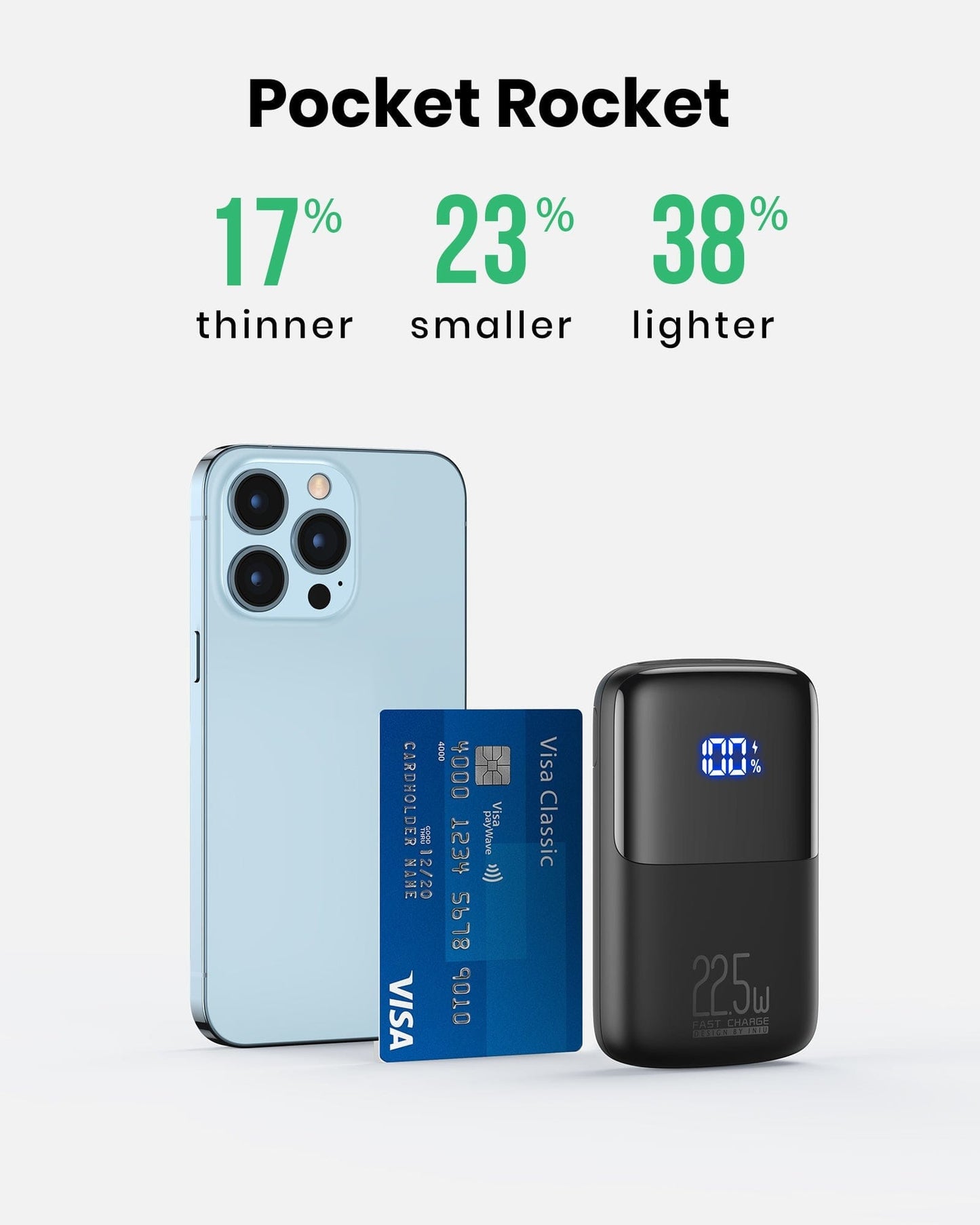 INIU B61 power bank, black, size comparison: 17% thinner, 23% smaller, 38% lighter than others, next to iPhone.