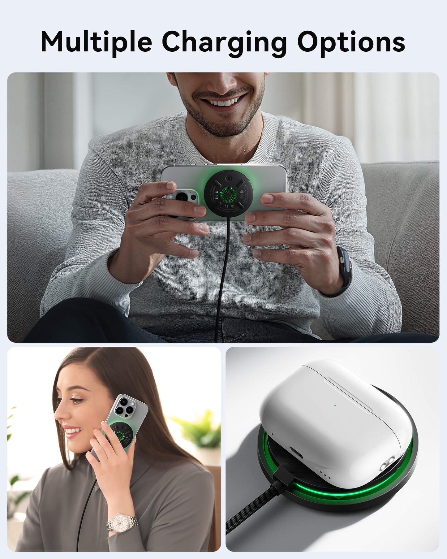 INIU W11-E1: Wireless charging solutions for iPhone and AirPods, demonstrating fast and convenient charging.