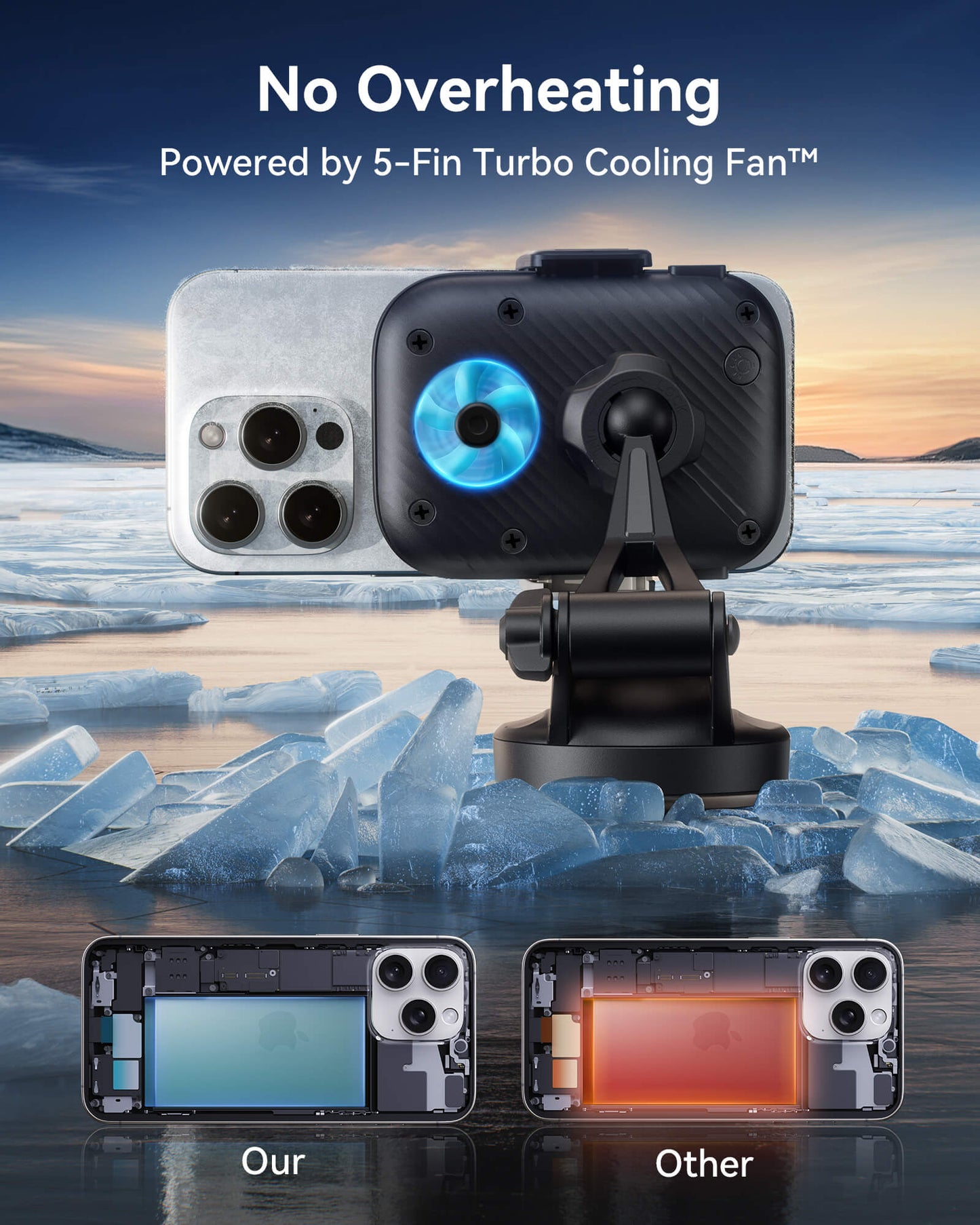 INIU SnapGo charger with a 5-Fin Turbo Cooling Fan keeps an iPhone 17 cool during 15W wireless charging, preventing overheating.