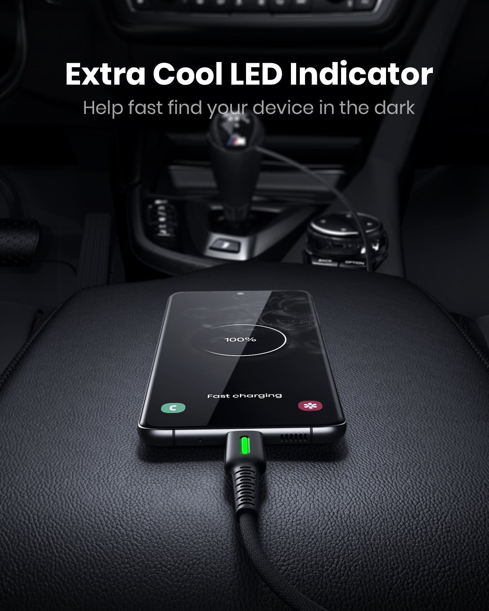 INIU D3C USB C Cable: LED indicator, phone charging in the dark, fast charging with 3.1A, black braided cable.