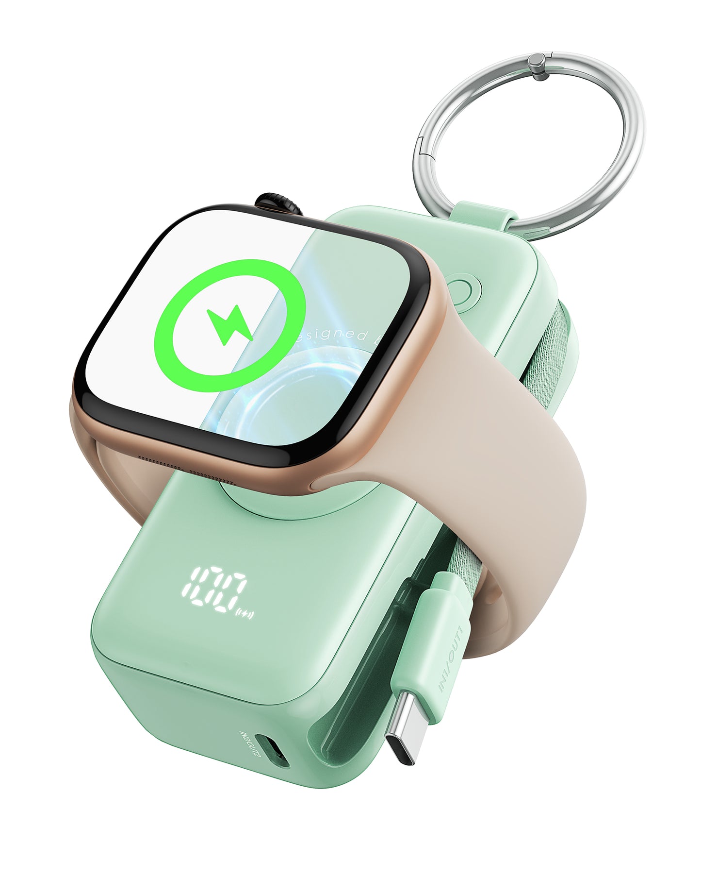 INIU P81-E1 power bank charging Apple Watch wirelessly, with 100% display. Keychain design. Features USB-C port.