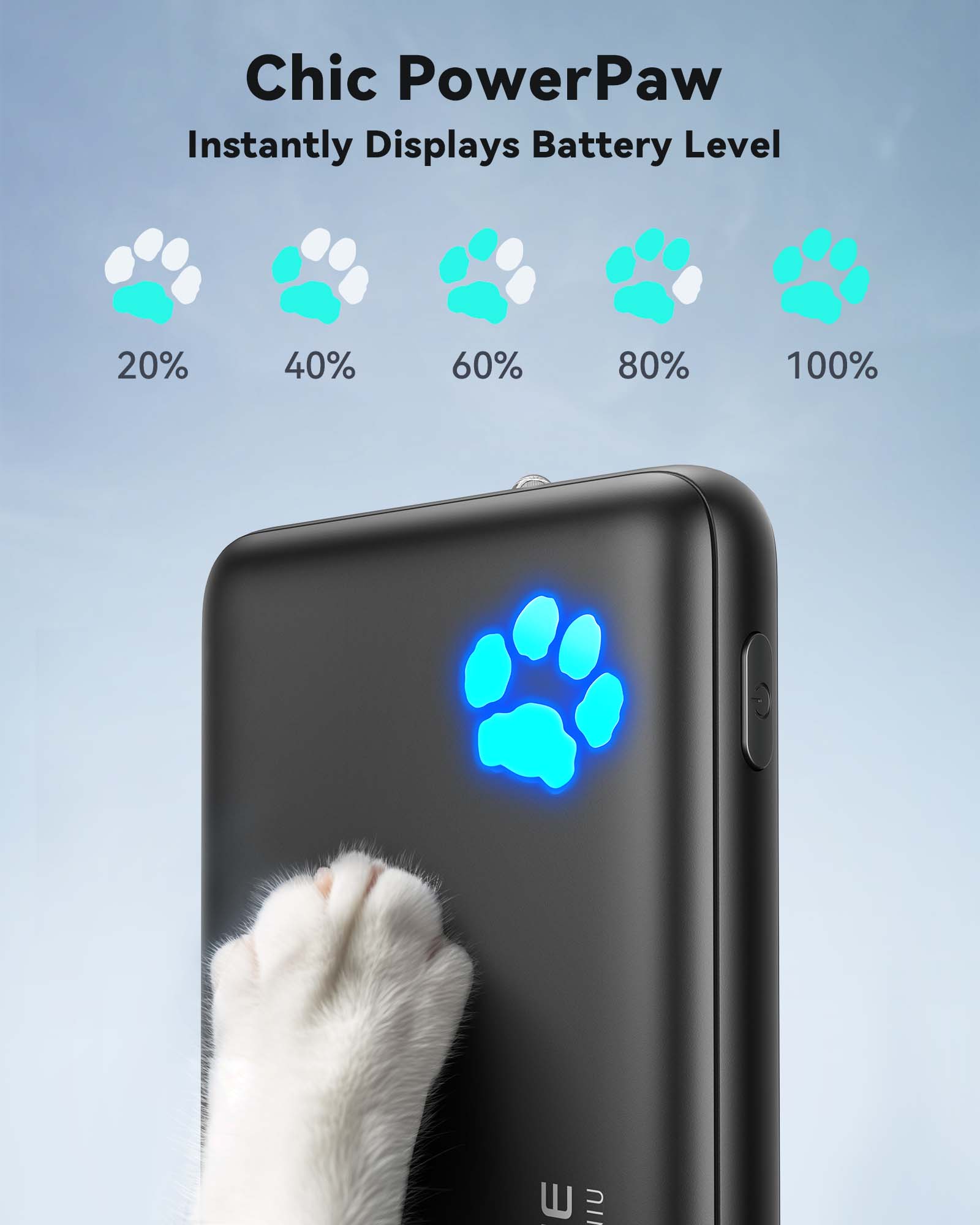 INIU P41-E1 Power Bank with Chic PowerPaw, black portable charger displaying battery level with paw indicator.