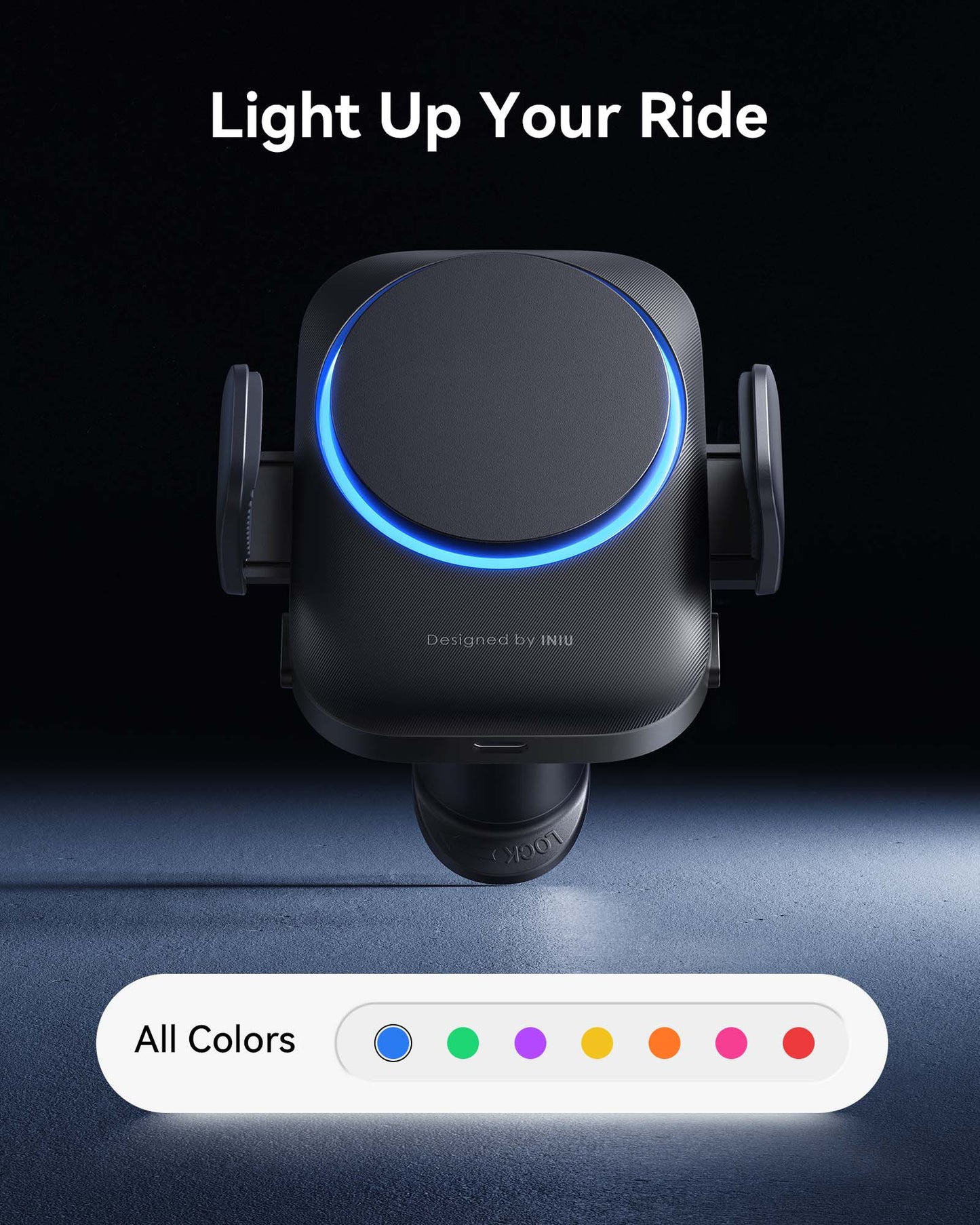 INIU SnapGo V11-E1 Qi2 charger, ready for iPhone 17, with its blue LED ring illuminated and 7 color options shown below.