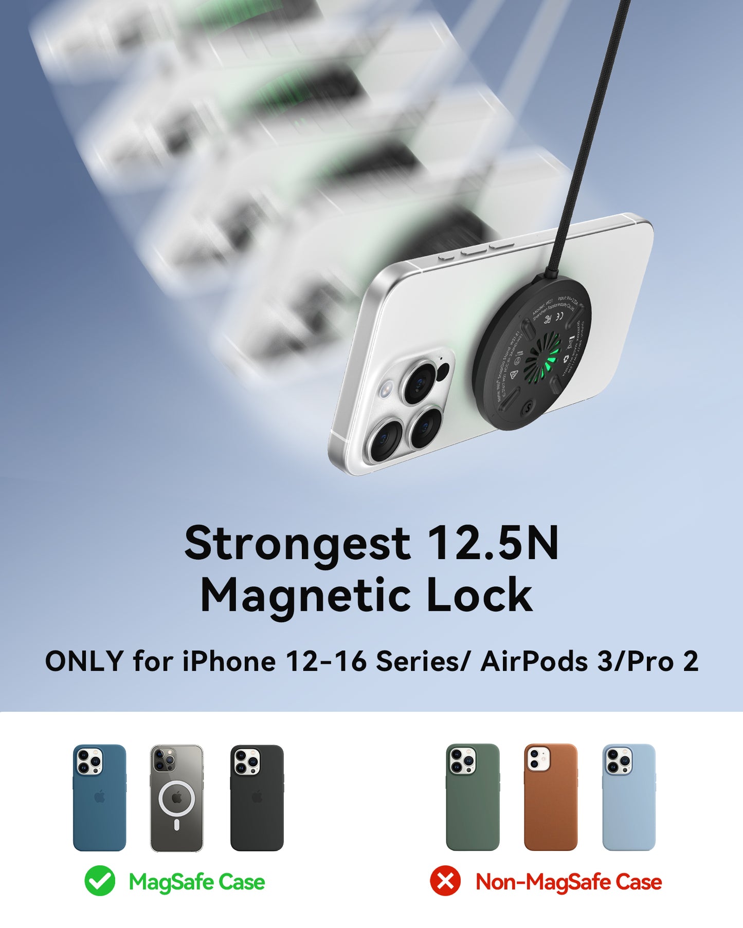 INIU W11-E1: Strongest Magnetic Lock wireless charger for iPhone 12-16 series and AirPods, with MagSafe compatibility.