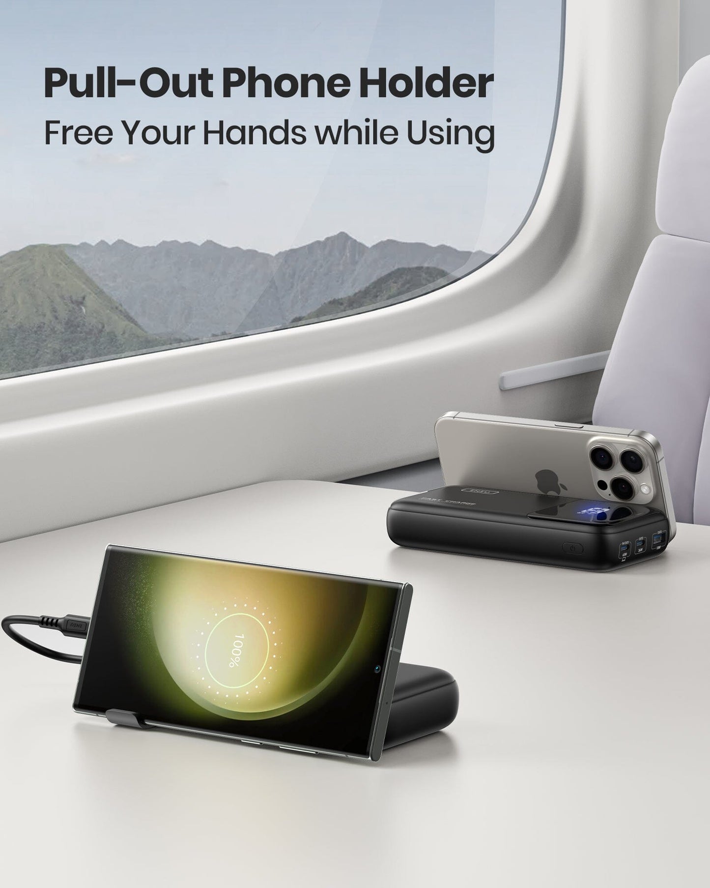 INIU B62 Power Bank with pull-out phone holder, fast charging a phone and other devices, free your hands while charging.