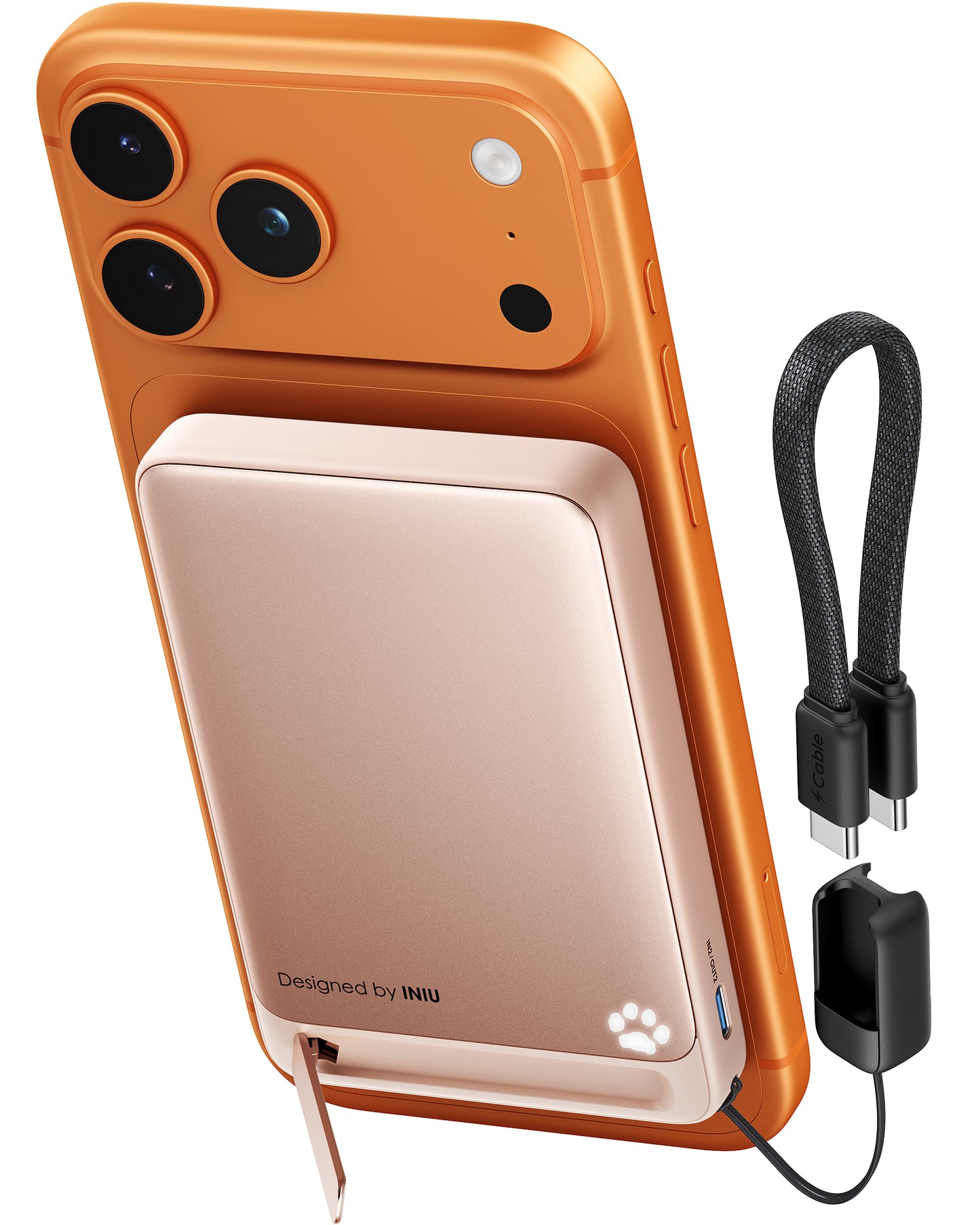Black Friday deals: Rose gold INIU wireless power bank magnetically charging orange phone with kickstand.
