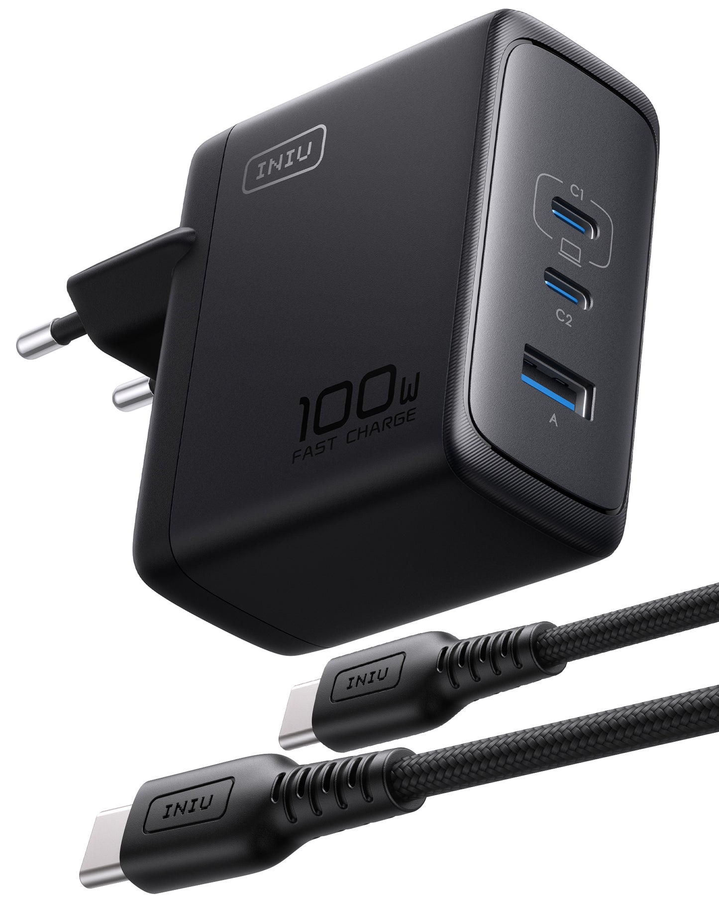 INIU A11-E1 100W GaN Charger: Black fast charging station with multiple ports and USB-C cables.