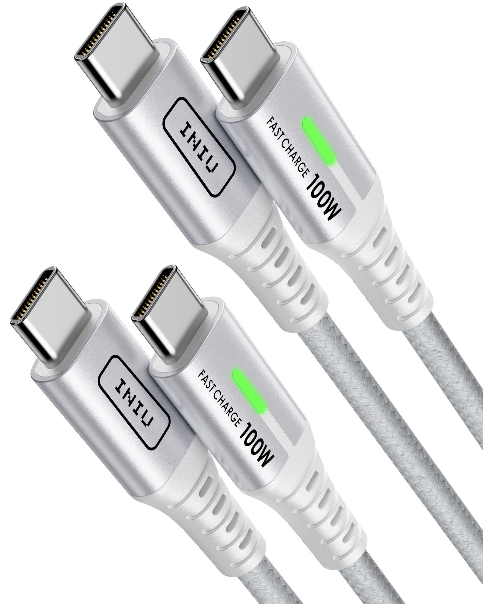 INIU D5CC USB C to C Cable White 100W, silver connectors with braided cable and fast charging indicator