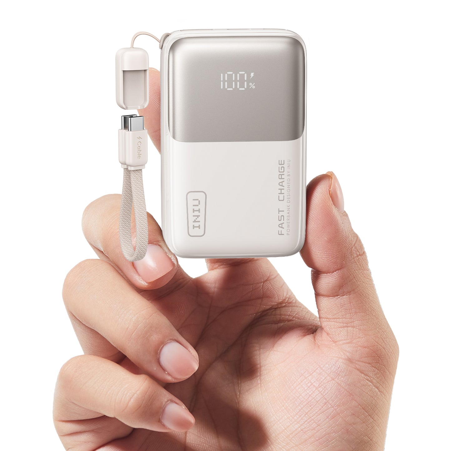 INIU P50 Power Bank, white, USB-C cable, 100% charge display, fast charging power bank in hand.