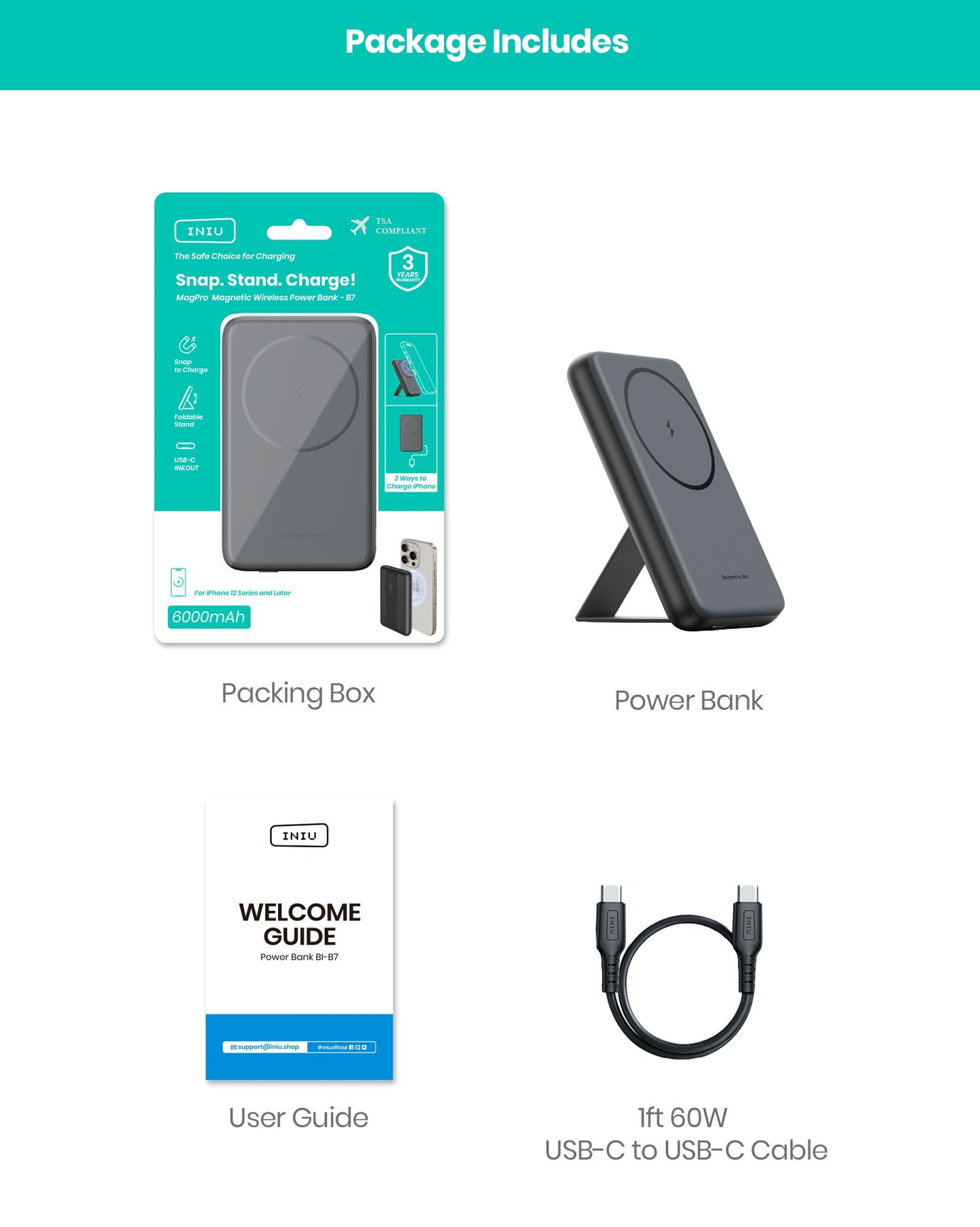 INIU para MagSafe Battery Pack, Slim 6000mAh 20W Cargador portátil magnético con soporte plegable para iPhone 15/15 Plus/15 Pro/15 Pro Max, iPhone 14/13/12 Series (con cable de C-C USB de 1 pie 60W)