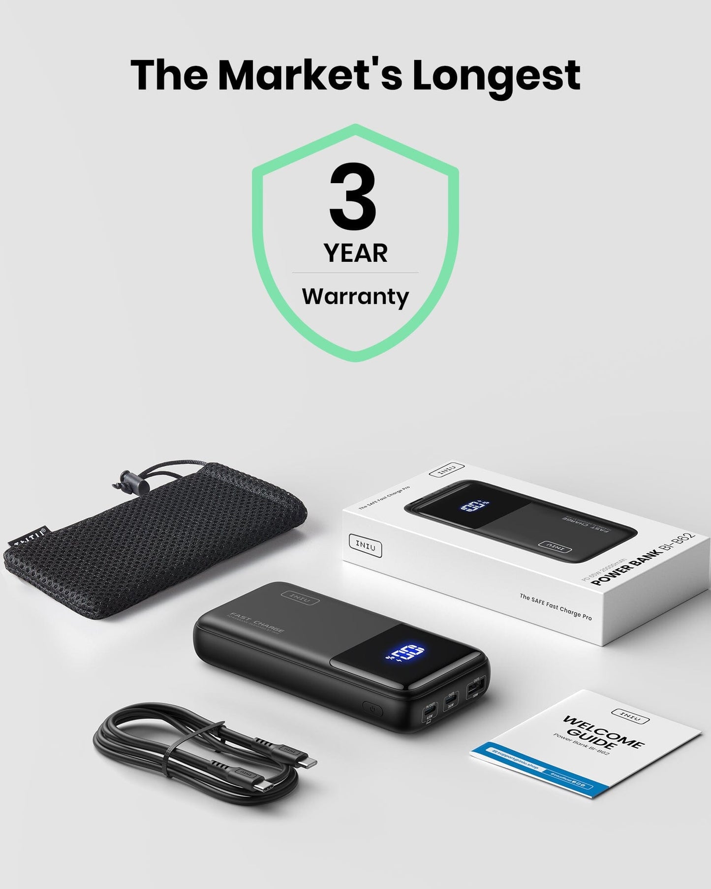 INIU B62 Power Bank, black fast charging portable charger with 3-year warranty.
