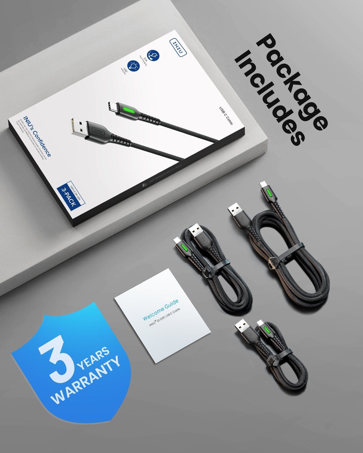 INIU D3C USB C Cable 3-Pack: Includes cables, welcome guide, and 3-year warranty. Fast charging with LED indicator.
