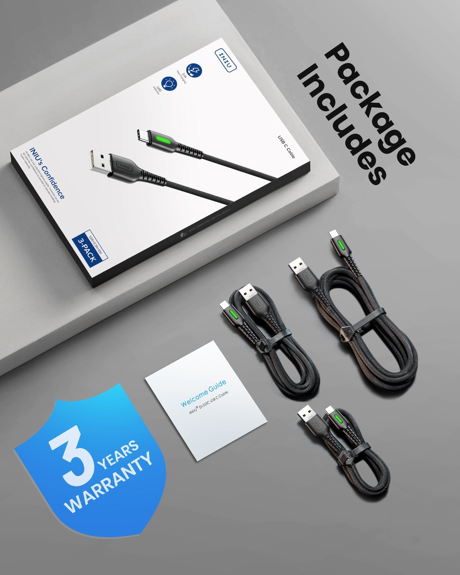 INIU D3C USB C Cable 3-Pack: Includes cables, welcome guide, and 3-year warranty. Fast charging with LED indicator.