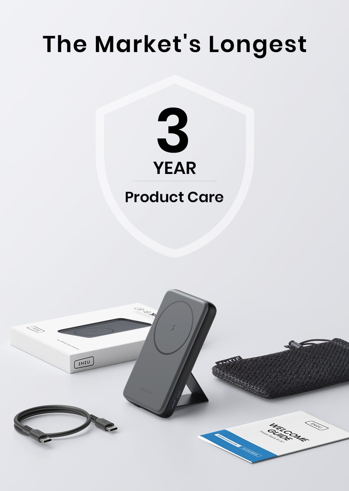 INIU B7 Magnetic Wireless Power Bank with 3-Year Product Care, black, and accessories