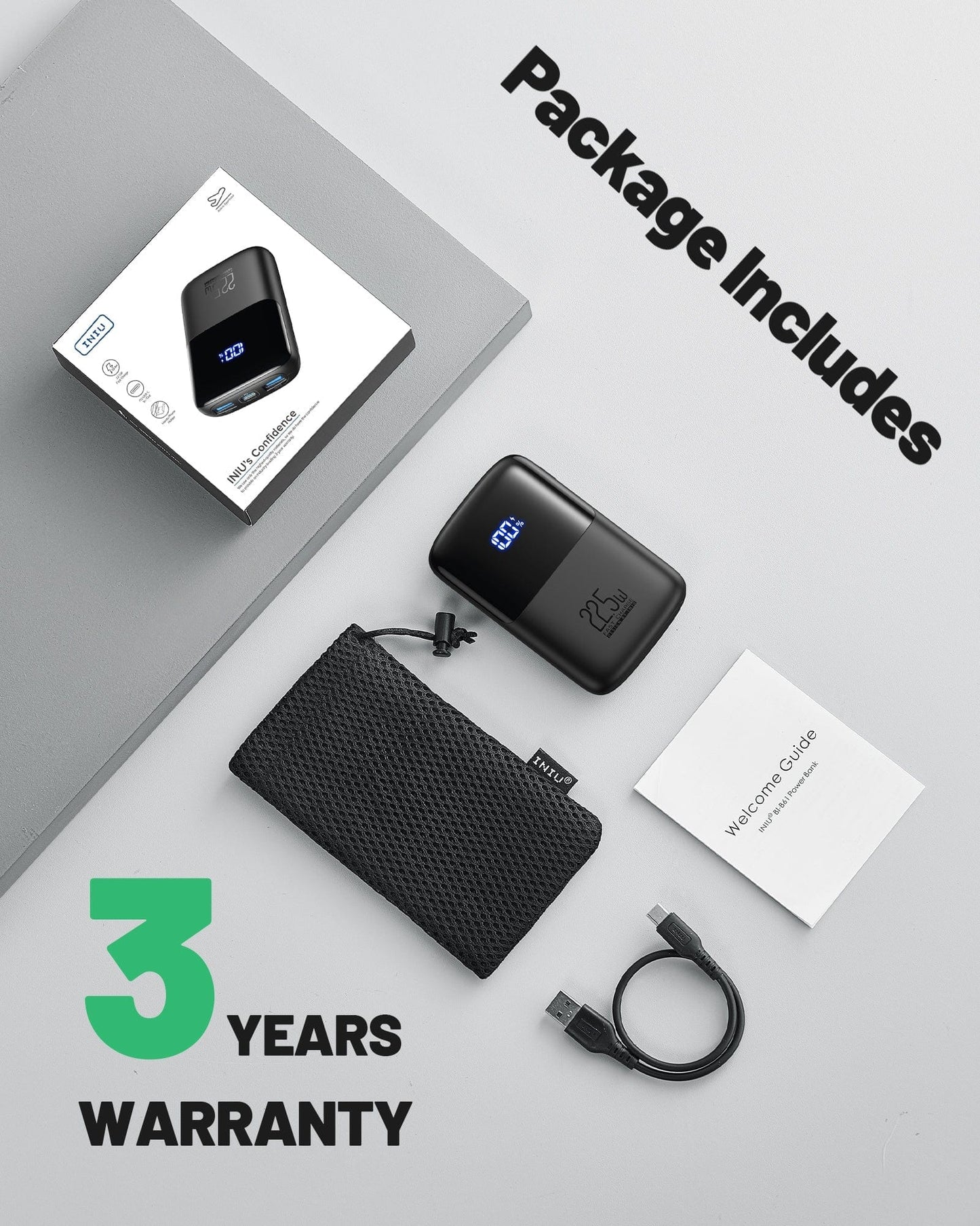 INIU B61 Power Bank Package: power bank, cable, pouch, and guide. Fast charging & 3-year warranty.