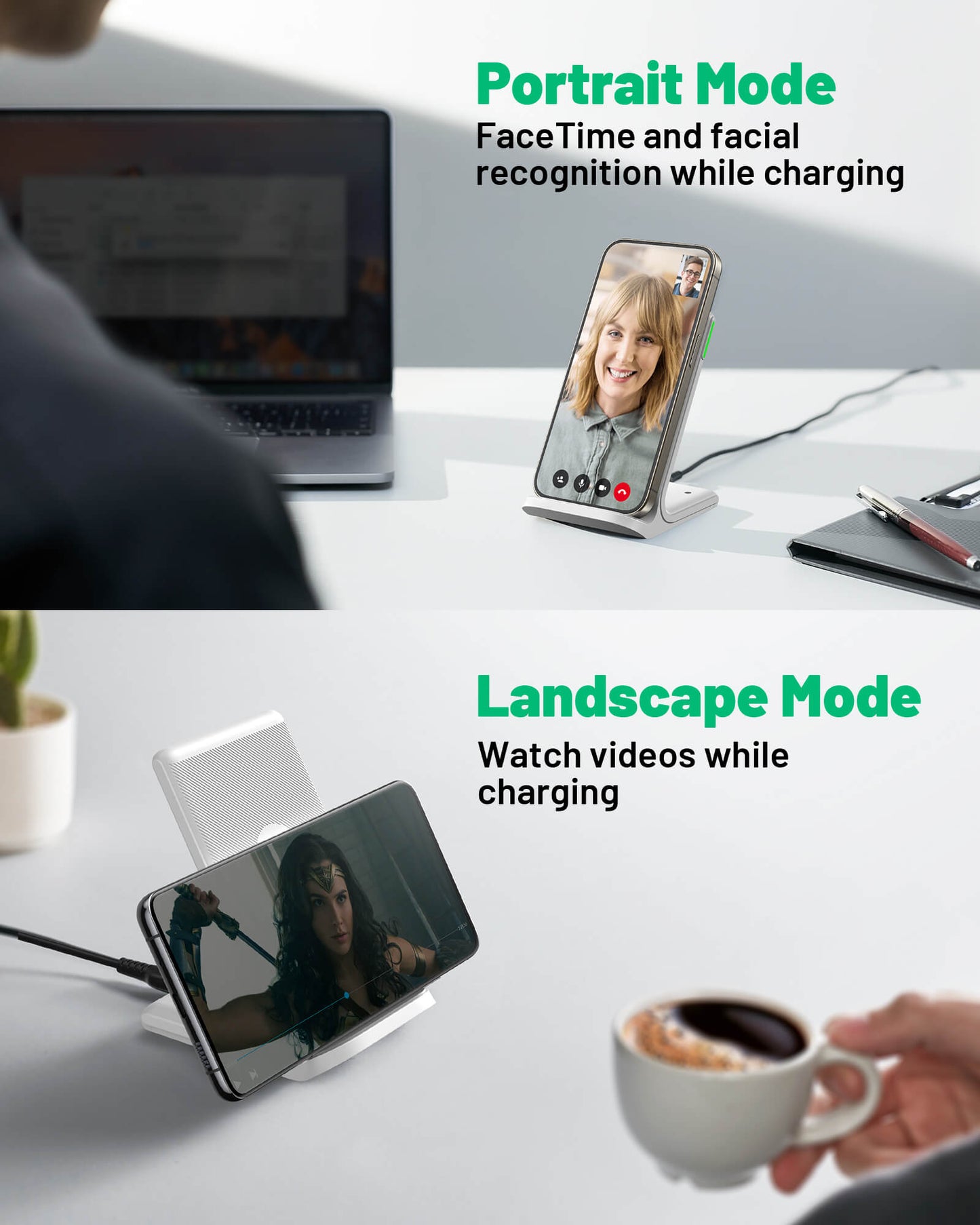 INIU I211 Wireless Charger: Portrait & Landscape modes for phone charging and video use.