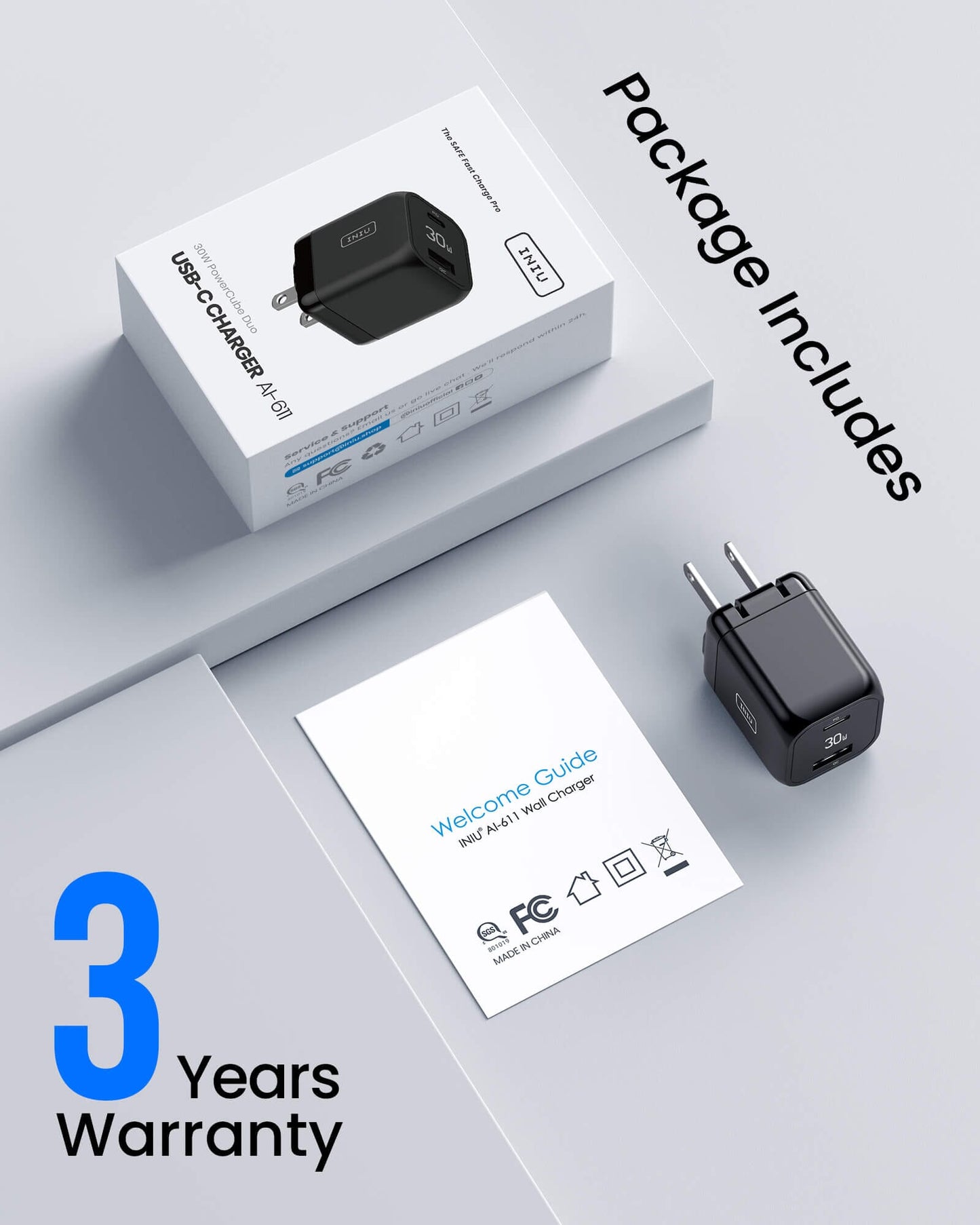 INIU AI-611 30W Charger package, with charger, welcome guide, 3-year warranty, and brand logo.