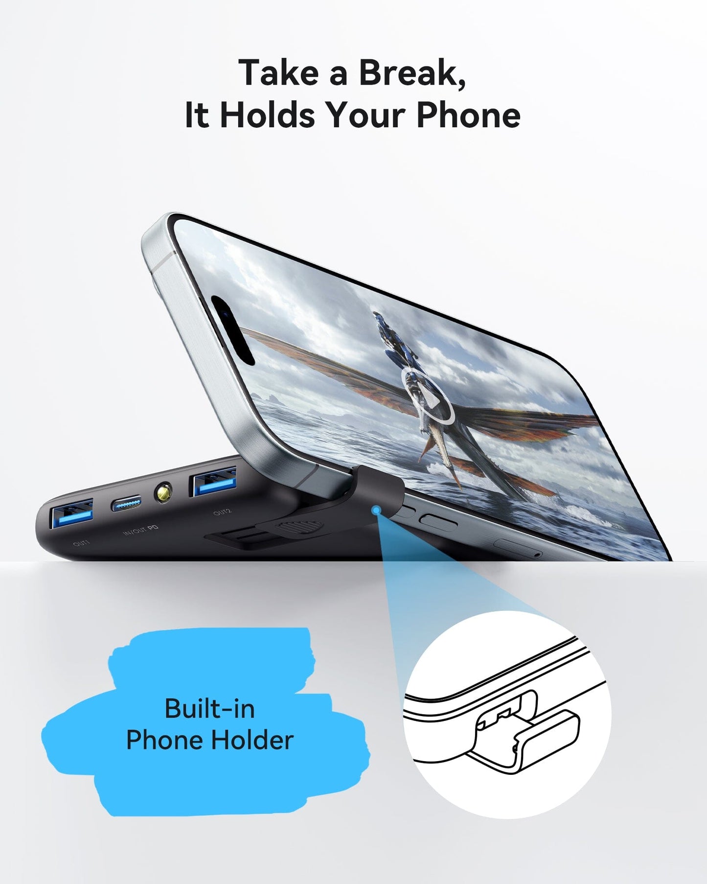 INIU B6 Power Bank - Portable charger with built-in phone holder, "Take a Break, It Holds Your Phone"