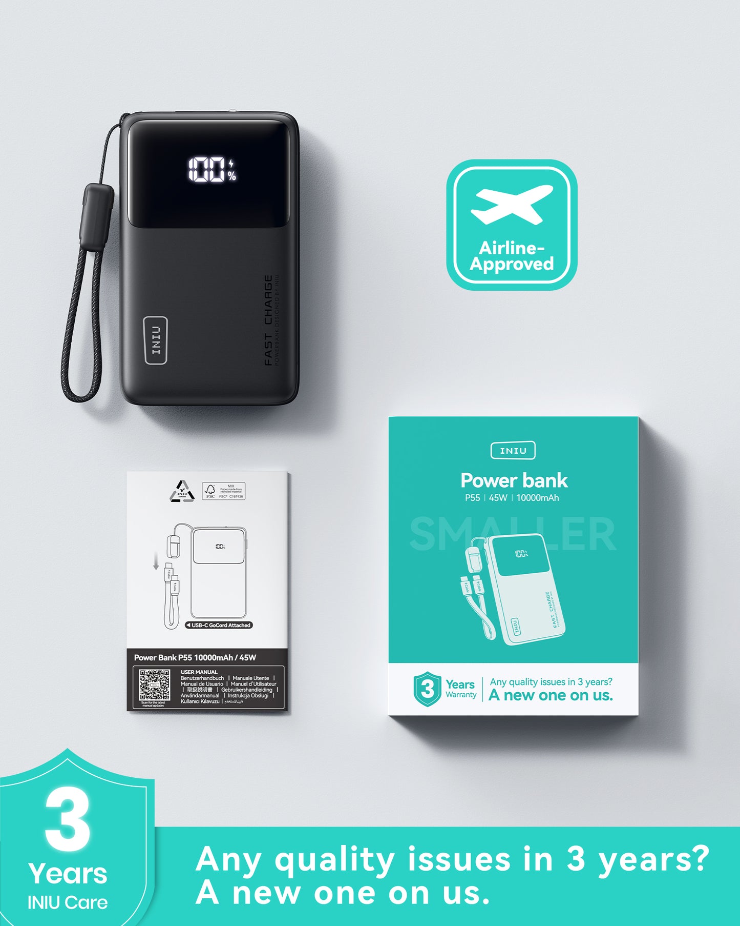 Banco de energía delgado INIU Carry P55-E2 de 45 W y 10 000 mAh