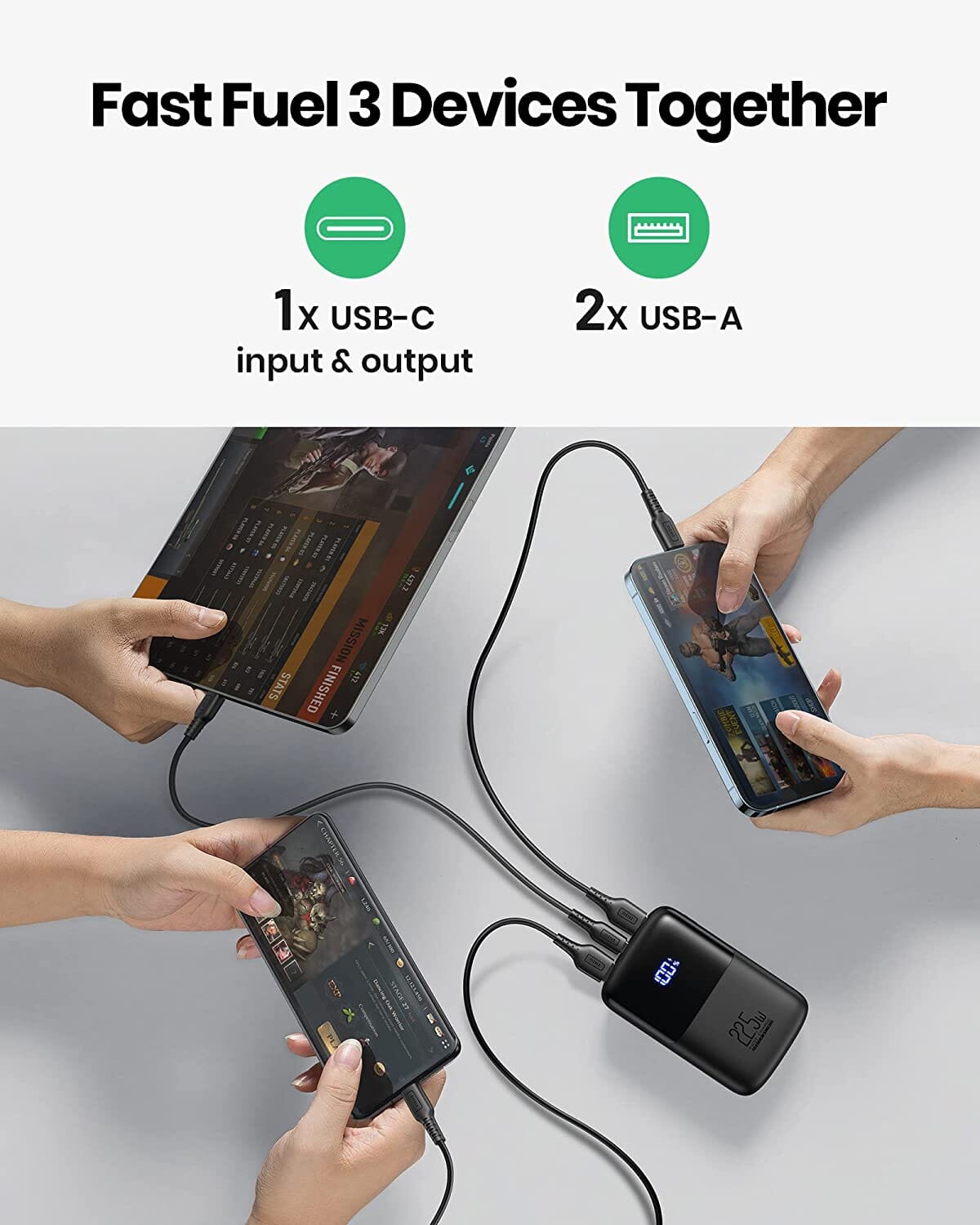 INIU B61 Power Bank, fast charging 3 devices simultaneously with USB-C and USB-A ports, 22.5W output, black, compact design.