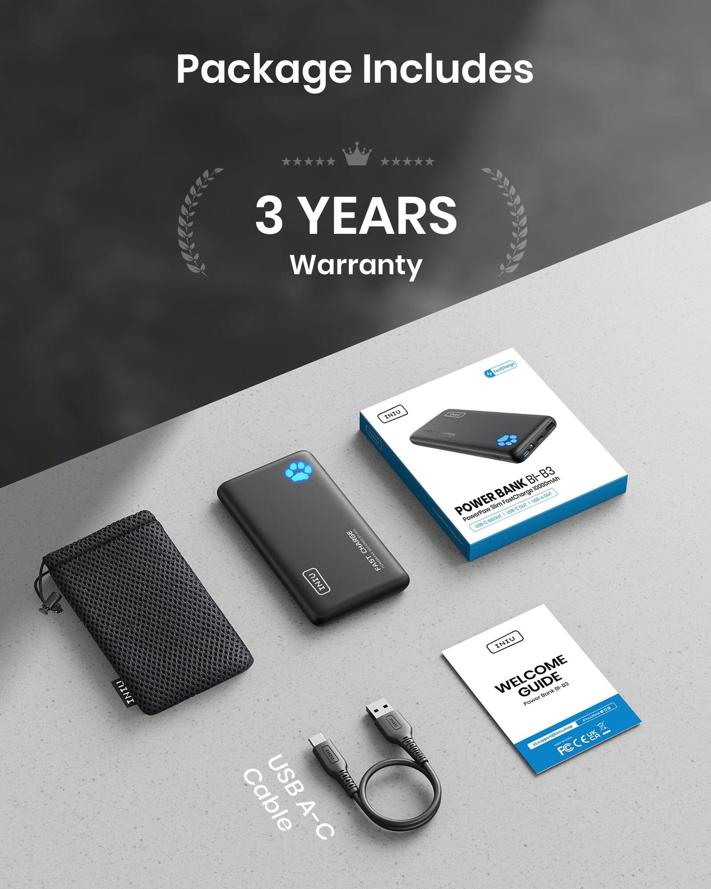 INIU B3 Power Bank Package: Includes charger, cable, pouch, welcome guide, and 3-year warranty.