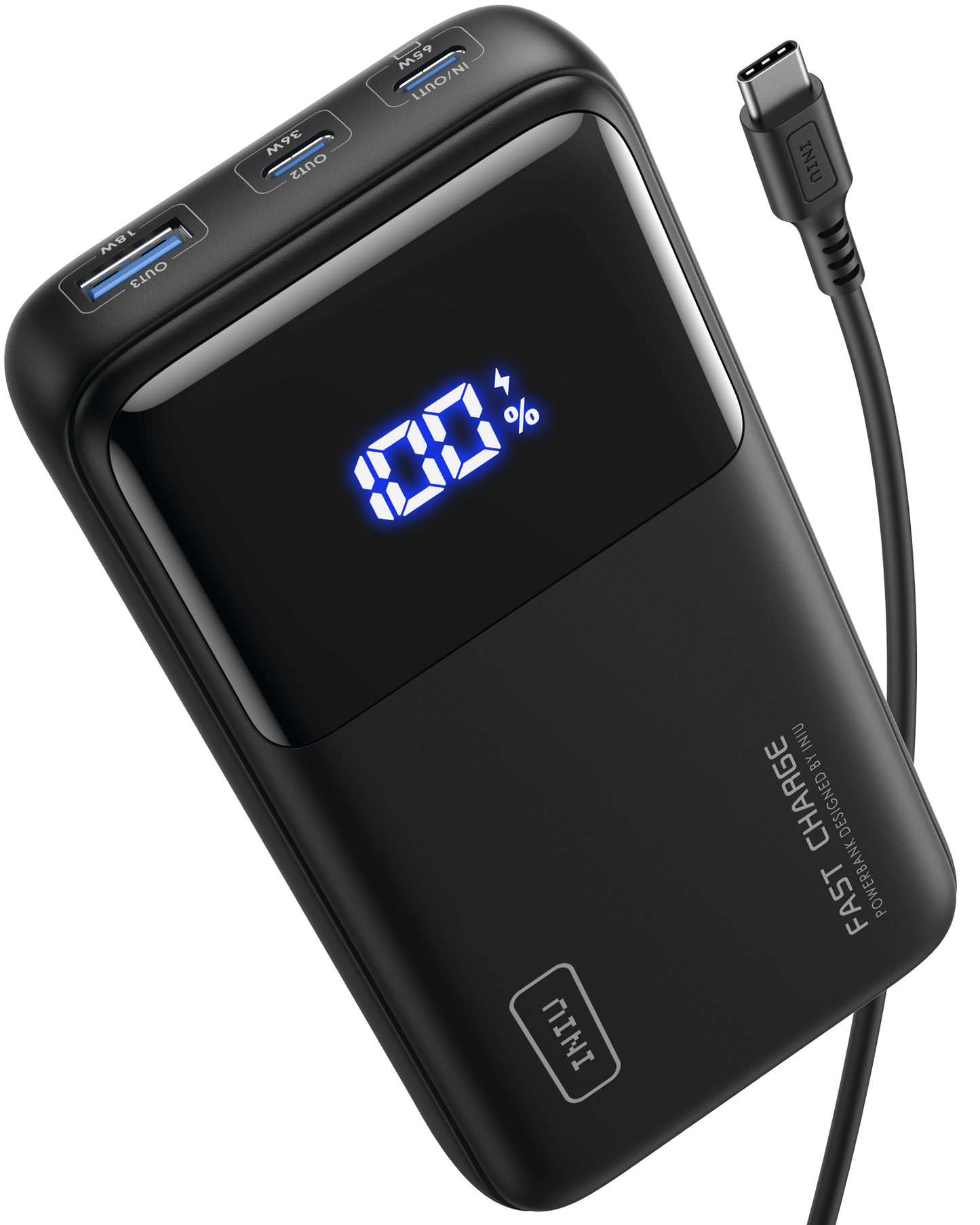 INIU B62 Power Bank - Black portable charger with LED display showing 100%, USB-C cable, fast charge technology.