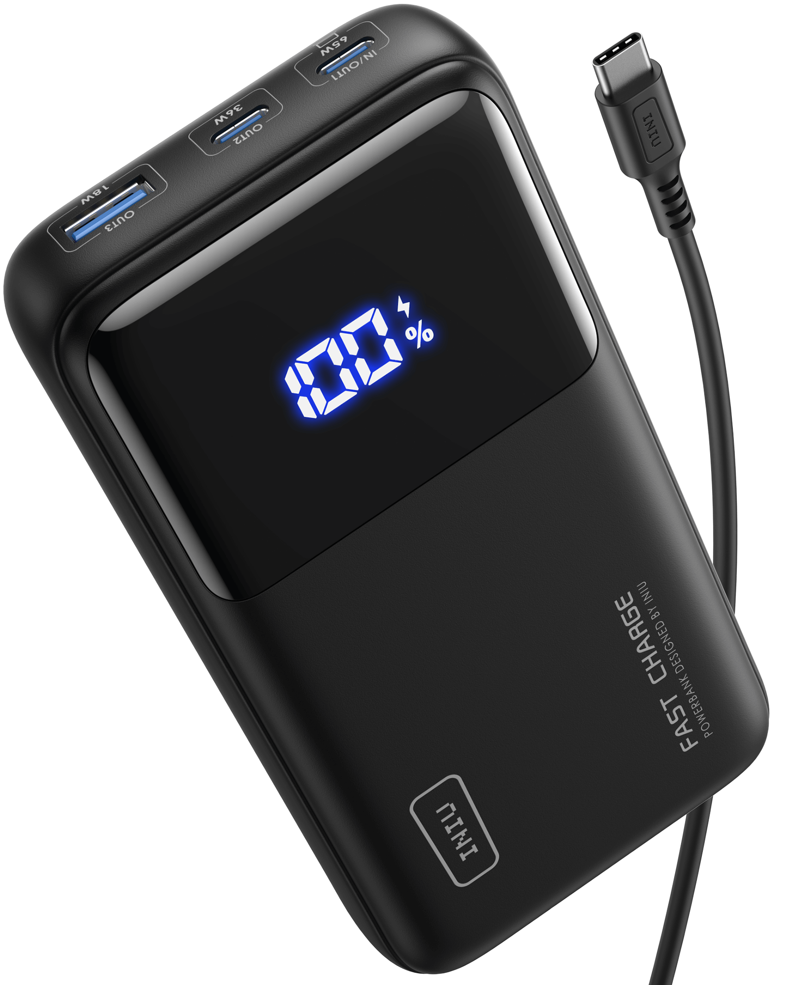 INIU B62 Power Bank - Black portable charger with LED display showing 100%, USB-C cable, fast charge technology.