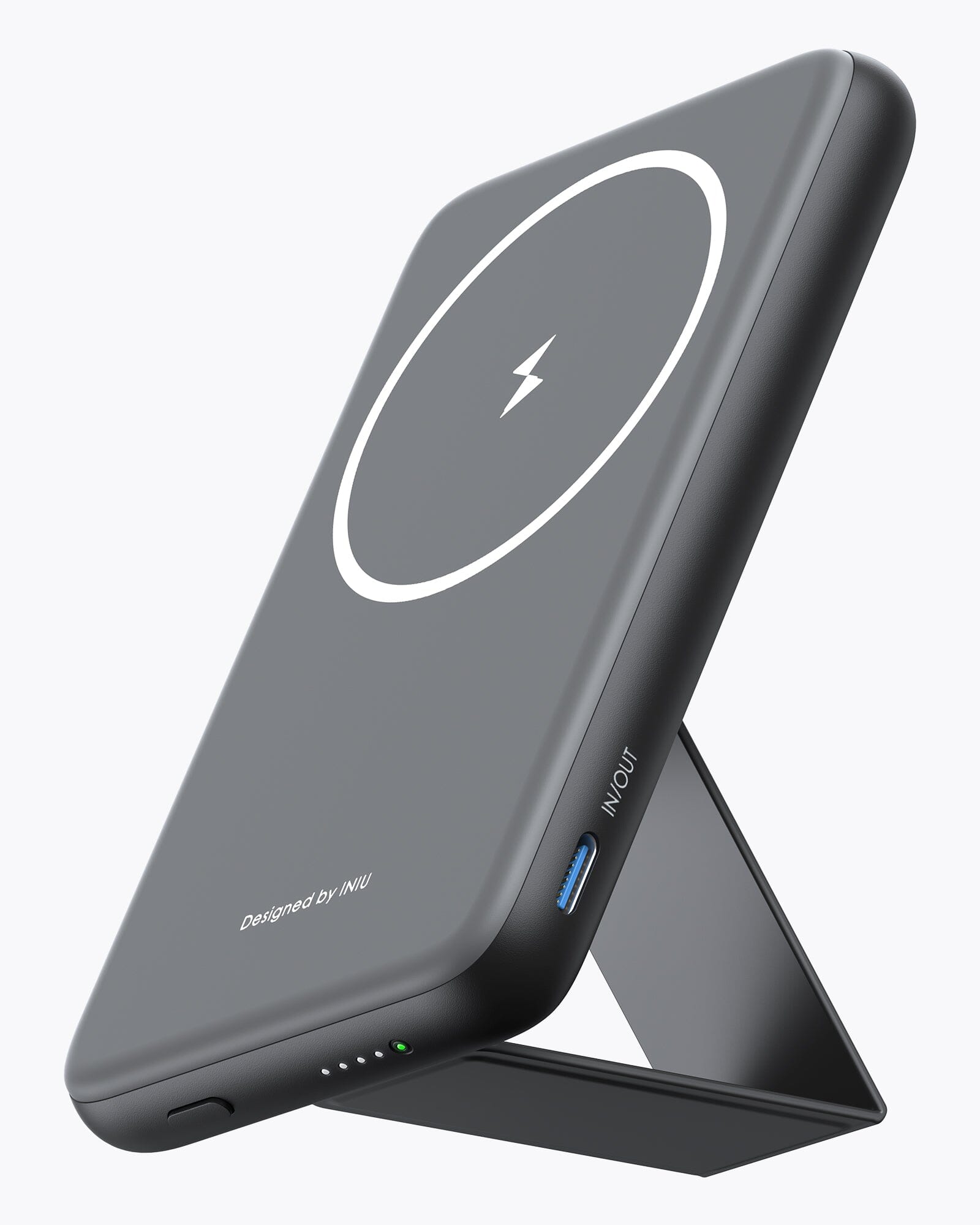 INIU B7 Magsafe Power Bank, Black, with built-in stand for iPhone; Designed by INIU; Wireless charging with lightning icon