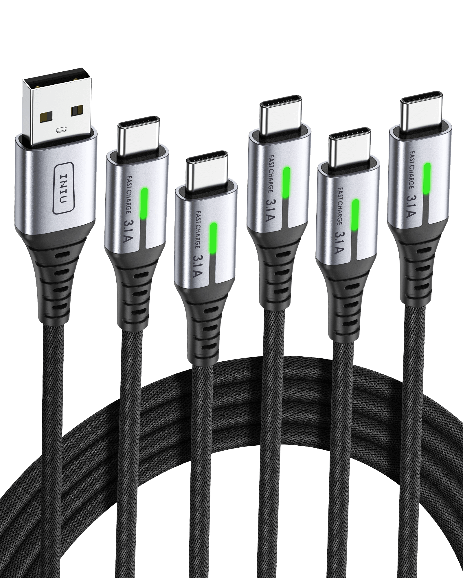 INIU D5C 尼龍 USB C 線 5 條裝 (1.6 英尺 + 3.3 英尺 * 2 + 6.6 英尺 * 2 (0.5 公尺 + 1 公尺 * 2 + 2 公尺 * 2))