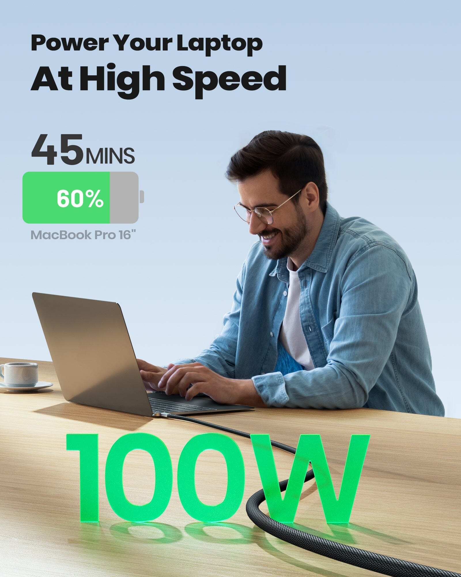 INIU D5CC - 100W USB-C cable fast charging MacBook Pro in 45 mins, with man and 100W text.