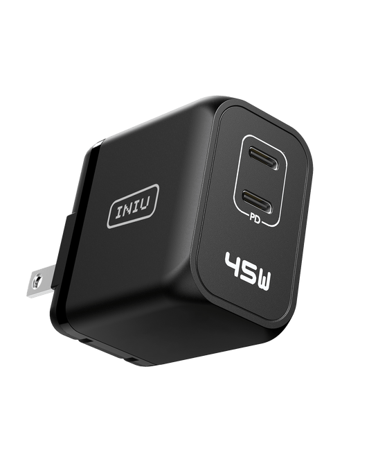 INIU I622 45W USB C Charger, Black compact design with dual USB-C ports for fast charging, PD power adapter.