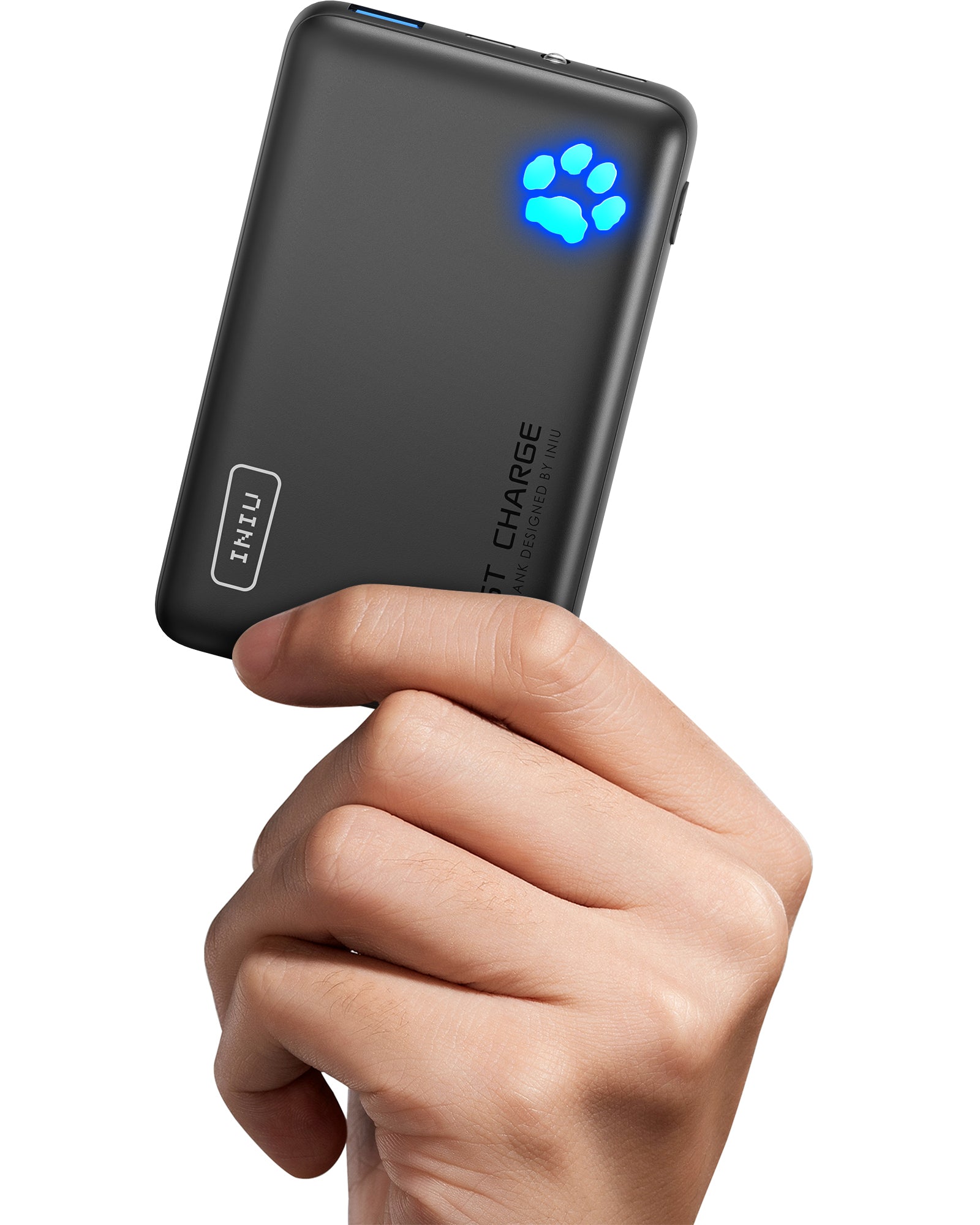 INIU P41-E1 Power Bank - Black power bank held by a hand, with Fast Charge and INIU logo, featuring a blue paw indicator